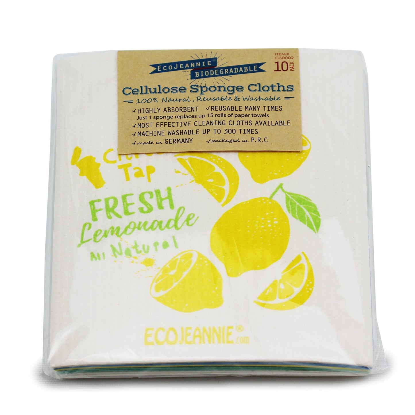 EcoJeannie (10 Pack) Eco-Friendly Reusable German Cleaning Cloth 100% Biodegradable Cellulose Sponge Cloths, Kitchen Cloths, GMO-Free, Reusable - Made