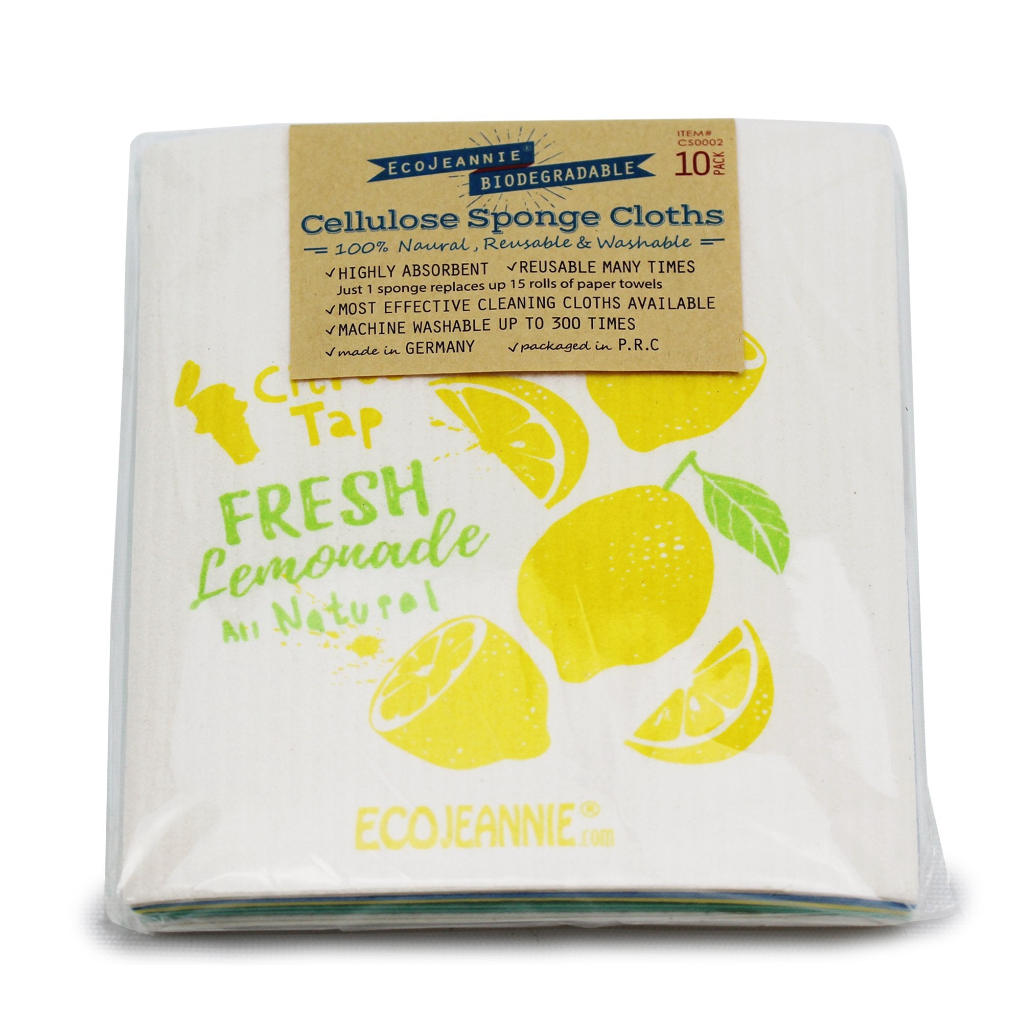 EcoJeannie (10 Pack) Eco-Friendly Reusable German Cleaning Cloth 100% Biodegradable Cellulose Sponge Cloths, Kitchen Cloths, GMO-Free, Reusable - Made