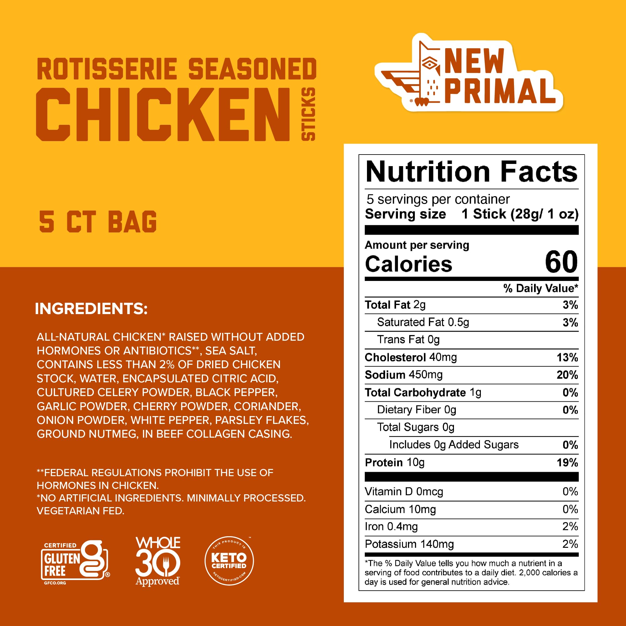 New Primal Rotisserie Chicken Sticks, Zero Sugar High Protein Snack, Gluten Free Whole30 Healthy Snacks, Keto and Paleo Friendly, Jerky Meat Stick