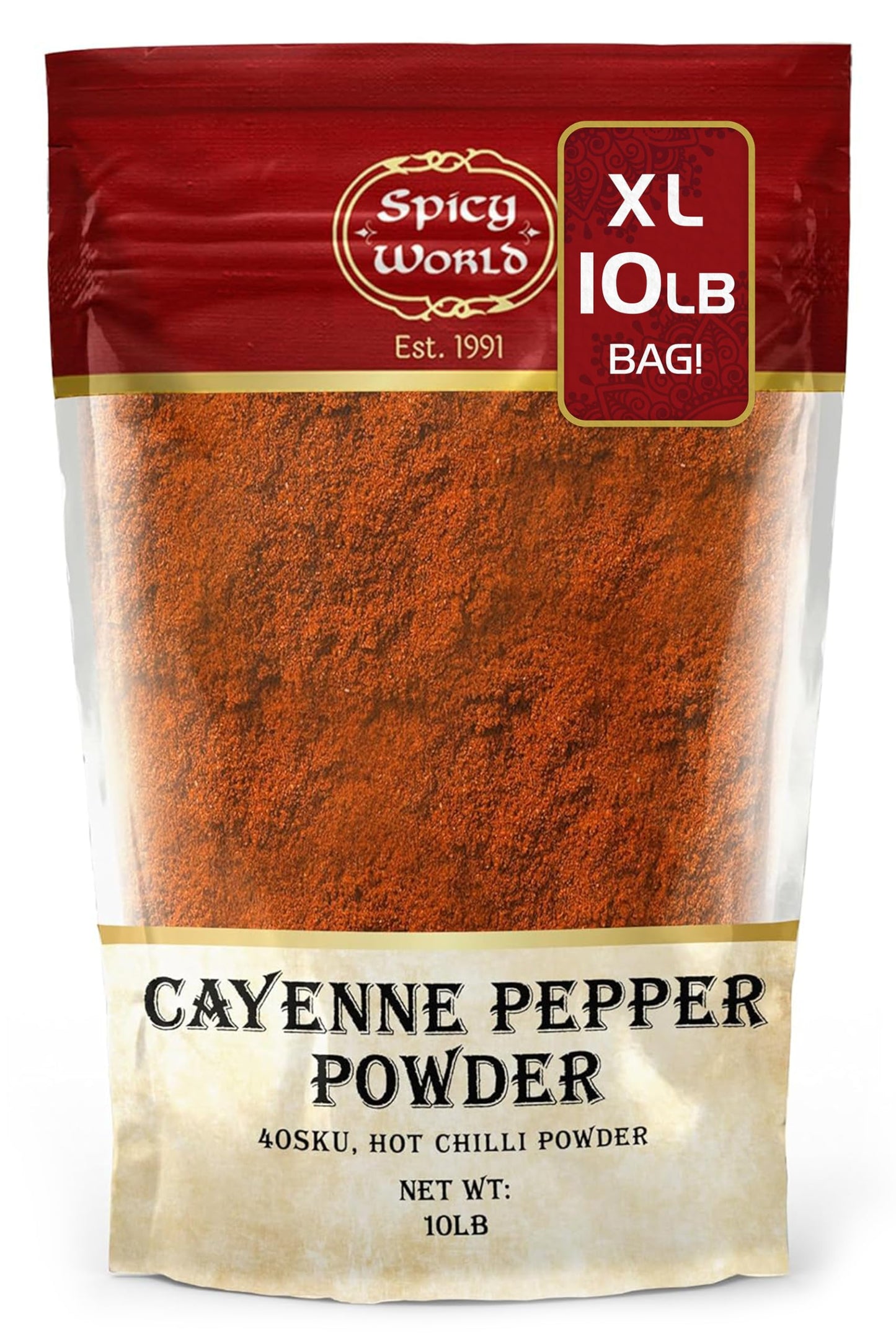 Spicy World Cayenne Pepper Powder Ground Chili Pepper 10 Pound Bulk Bag- 40K SHU, Hot Chilli Powder