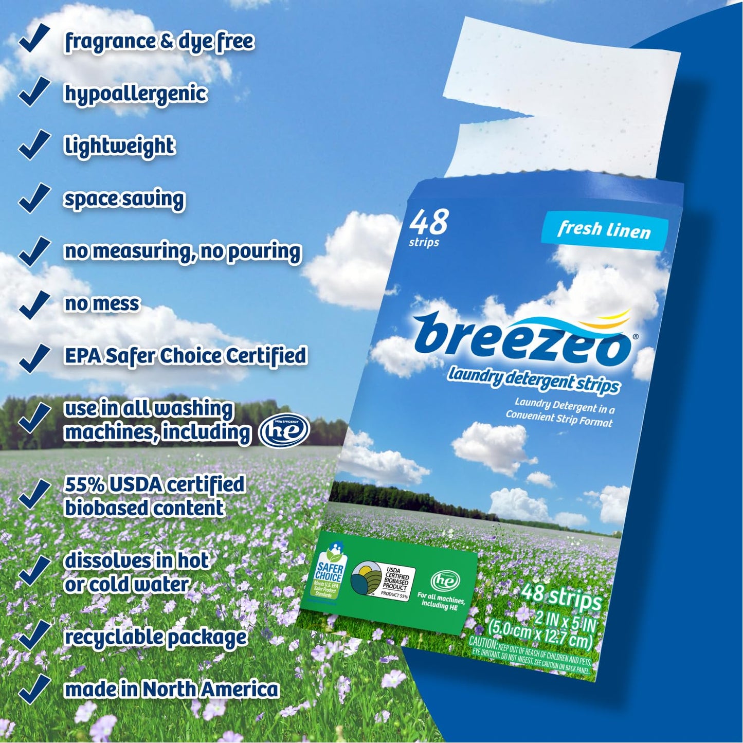 Breezeo Laundry Detergent Strips (48 strips) - Fresh Linen Scent - More Convenient than Pods, Pacs, Liquids or Powders - Great for Home, Dorm, Travel