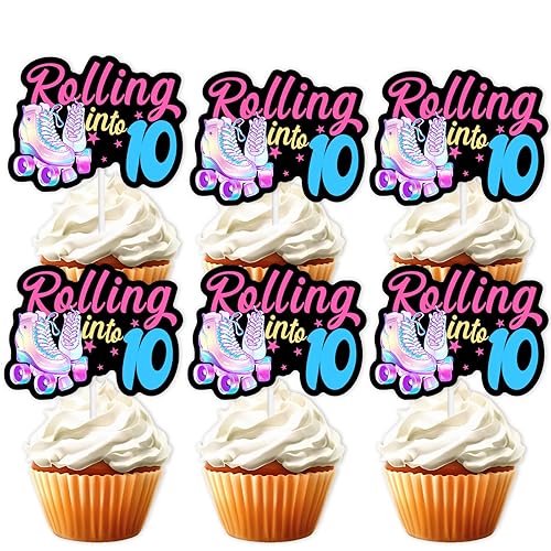 18pcs Black Glitter Pink Roller Skates Dessert Cupcake Topper 80s 90s Retro Hip Hop Roller Skating Rolling into 10 Theme Decor Supplies Boy Girl 10th