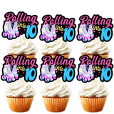 18pcs Black Glitter Pink Roller Skates Dessert Cupcake Topper 80s 90s Retro Hip Hop Roller Skating Rolling into 10 Theme Decor Supplies Boy Girl 10th
