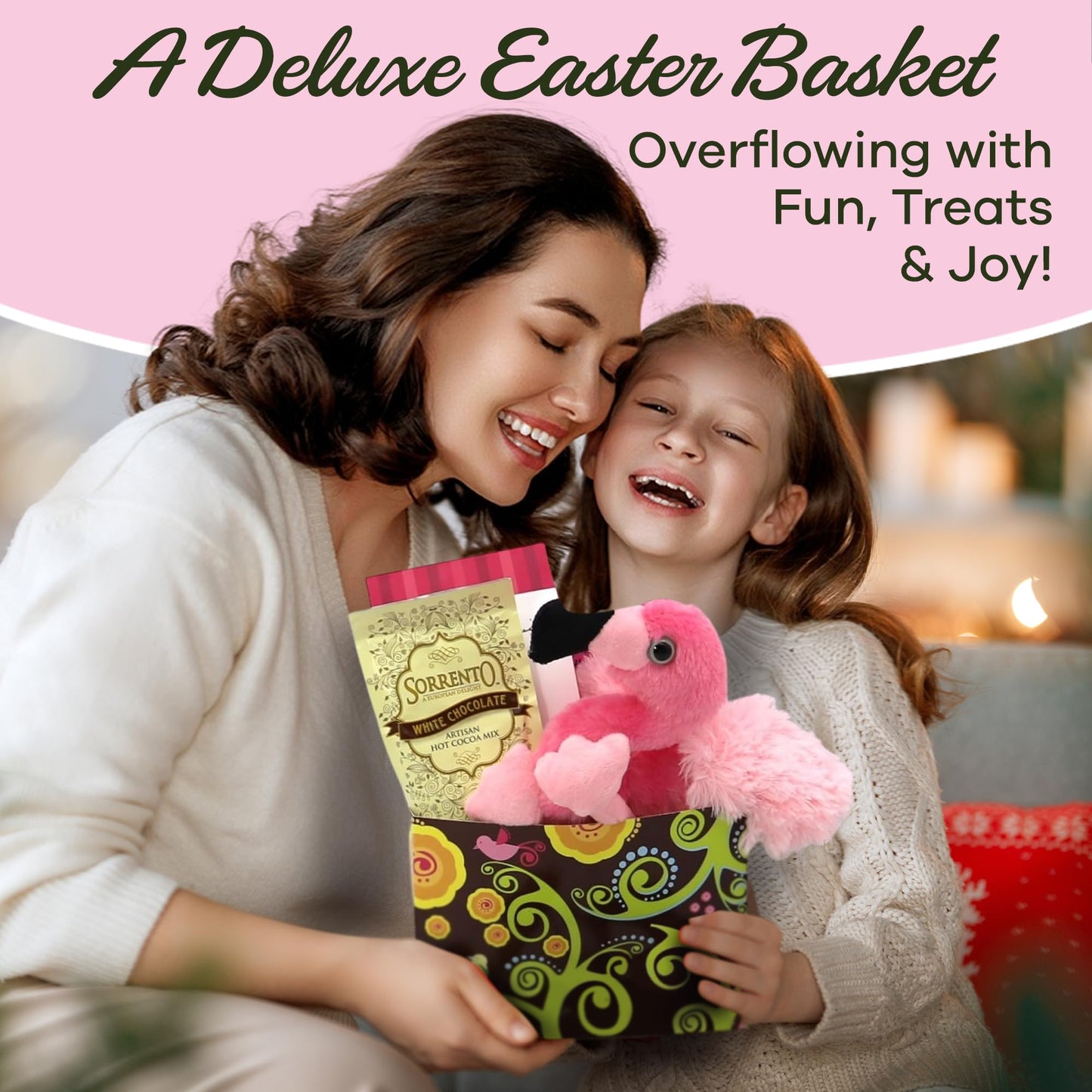 Gift Basket Village Easter Sweets Gift Basket Pre Filled Easter Basket Ideas for Kids & Adults with Candy, Plush Flamingo, Cocoa, and Cookies, Teenage