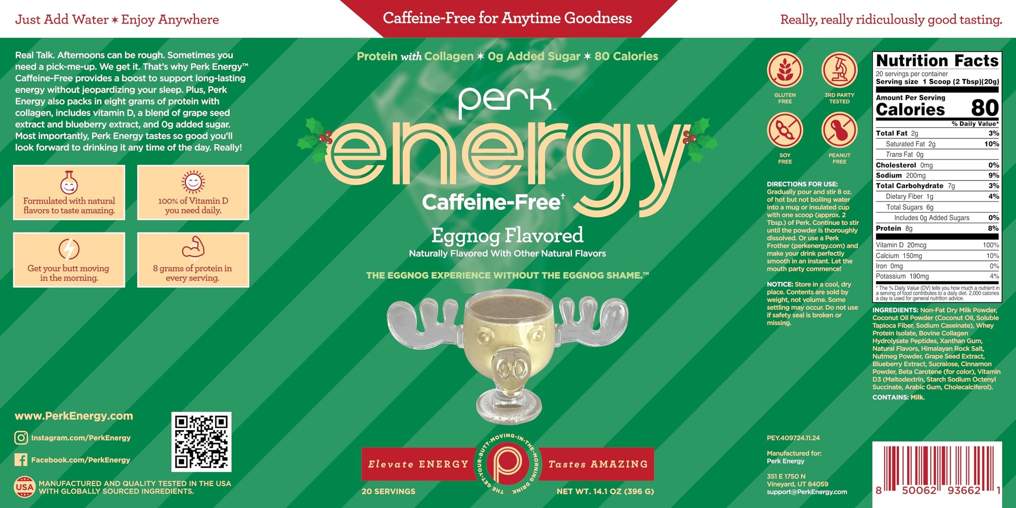 Perk Energy Caffeine-Free Drink Mix (Eggnog) 20 Servings - Healthy Coffee Alternative with Protein, Gluten-Free, Soy-Free, Peanut-Free