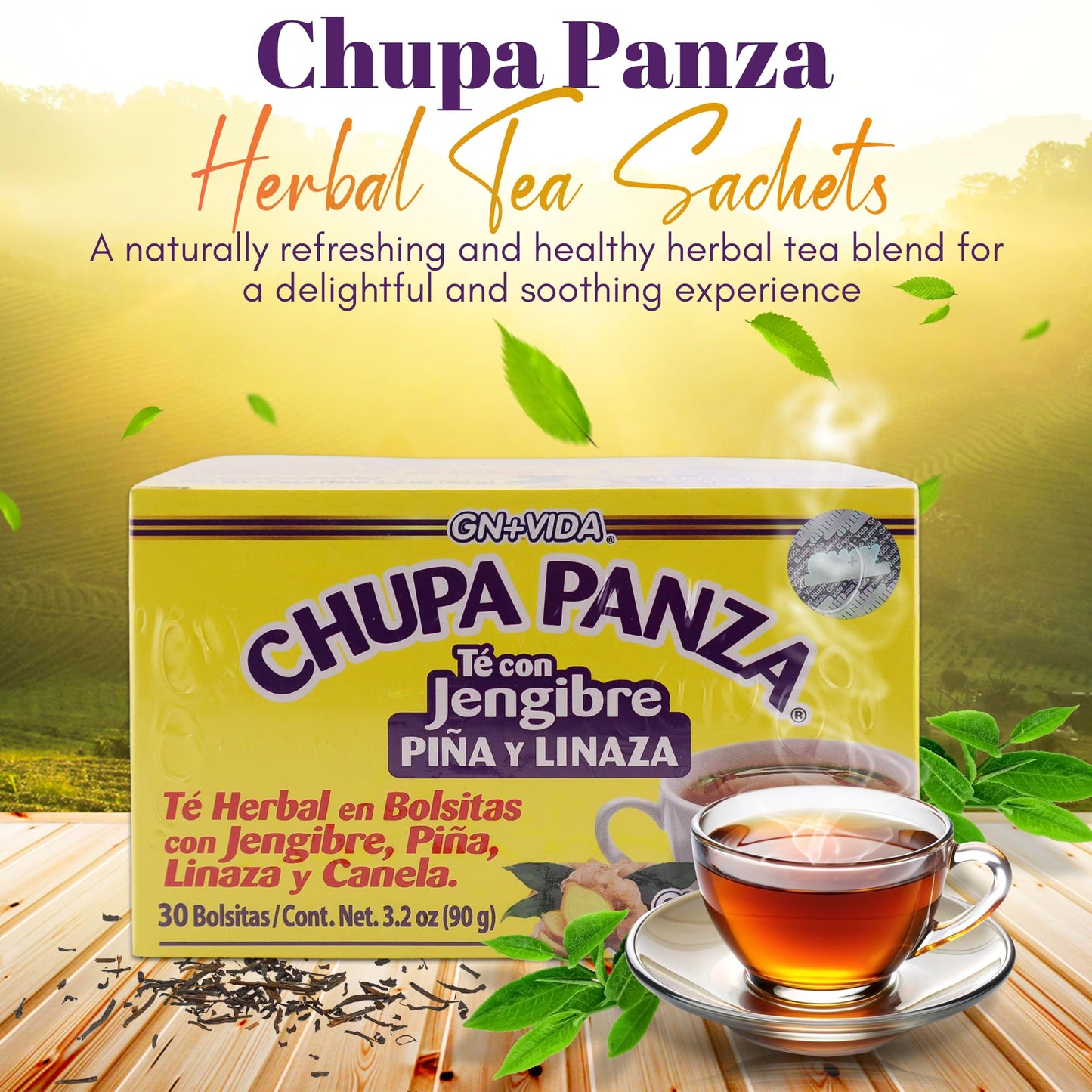 GN+Vida Tea CHUPA Panza, Tea Based ONGINGER Root, PINNEAPPLE, Flaxseed & Cinnamon (30 Tea Bags/0.10 oz Each)(Pack of 3)