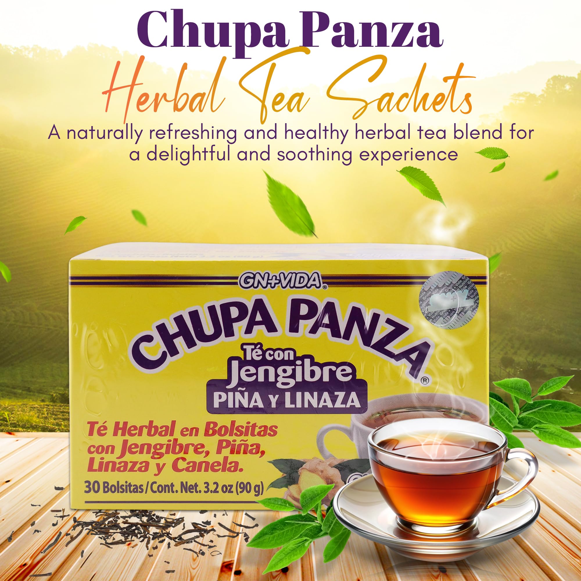 GN+Vida Tea CHUPA Panza, Tea Based ONGINGER Root, PINNEAPPLE, Flaxseed & Cinnamon (30 Tea Bags/0.10 oz Each)(Pack of 3)