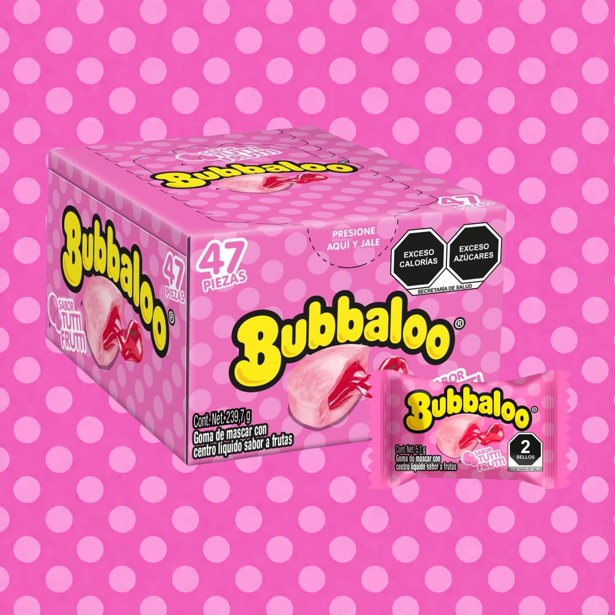 Bubbaloo Gum Variety Pack Box 47 Pieces Each (3 Boxes - Mint, Strawberry & Tutti Frutti) Liquid Center Chewing Gum Dulces Mexicanos Chicles Surtidos