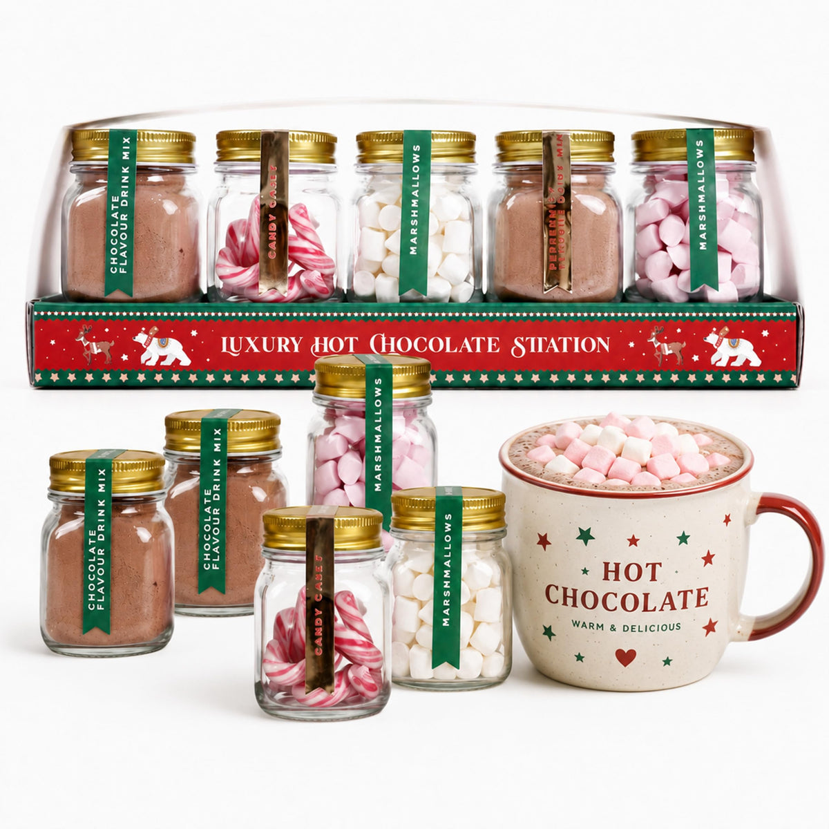 Hot Chocolate Station Gift Set - Chocolate Drink Mix, Mini Marshmallows & Candy Canes in Reusable Glass Jars | Festive Hot Cocoa Making Kit |