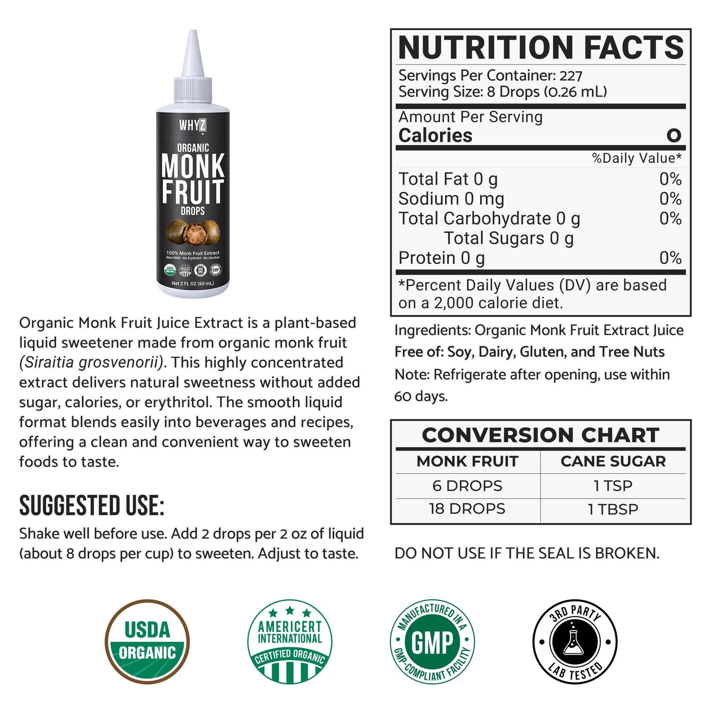 Organic Monk Fruit Liquid Sweetener Drops, 100% Pure Extract, Zero Sugar & No Erythritol, Liquid Monk Fruit for Coffee, Tea, Drinks & Baking, 227