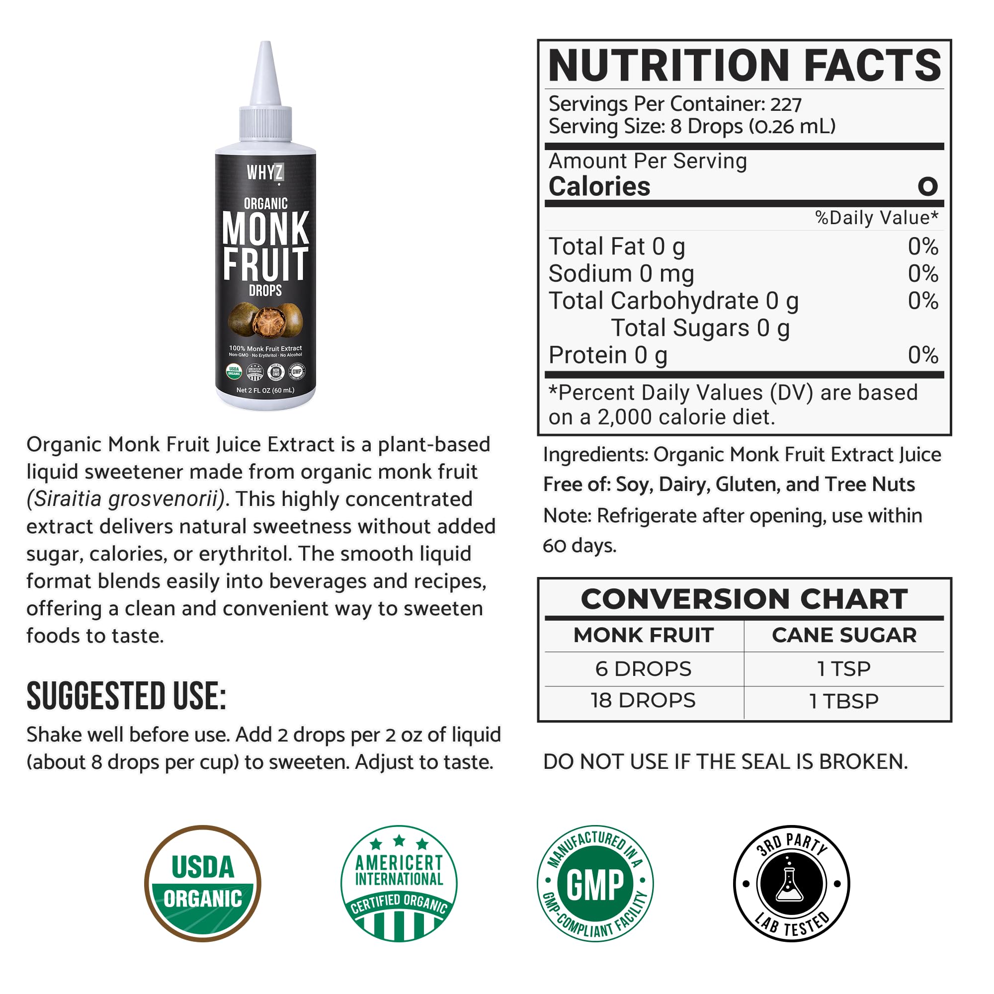Organic Monk Fruit Liquid Sweetener Drops, 100% Pure Extract, Zero Sugar & No Erythritol, Liquid Monk Fruit for Coffee, Tea, Drinks & Baking, 227