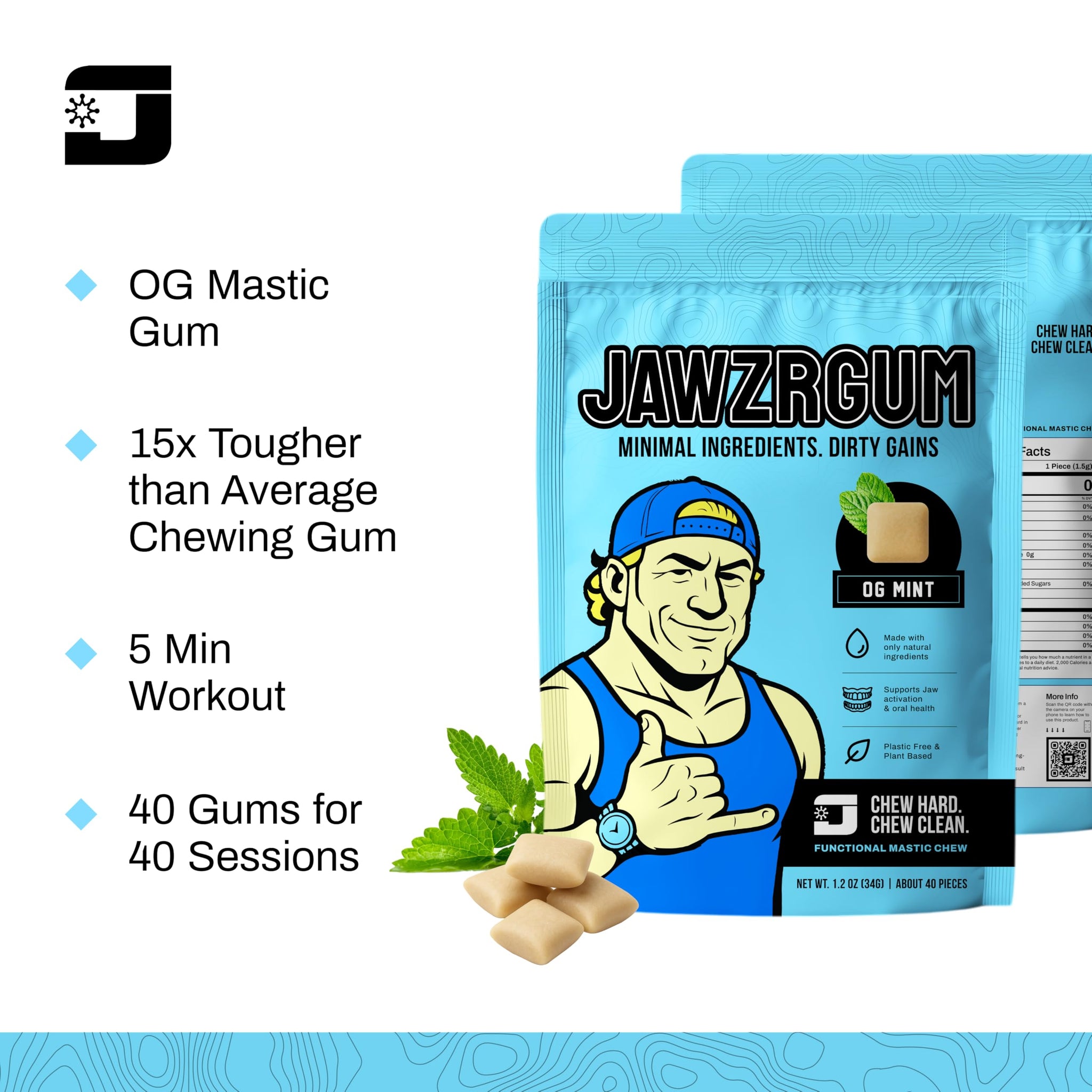Jawzrsize OG Mastic Gum Organic - Mint Natural Mastic Chewing Gum, Sugar-Free Jawline exerciser, Strengthening Formula with NAHA, Plant-Based Oral