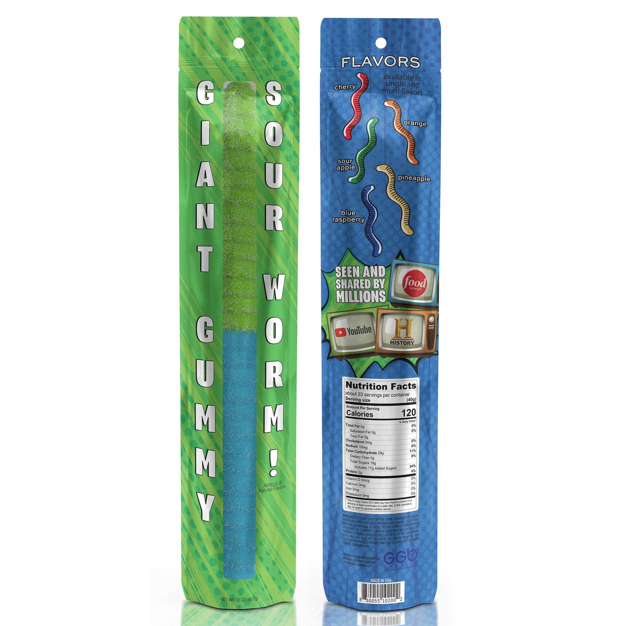 Sour Giant Gummy Worm - Large 2 Pound Gummy Candy with Big Tangy Flavor from GGB Candies (Sour Apple/Blue Raspberry)