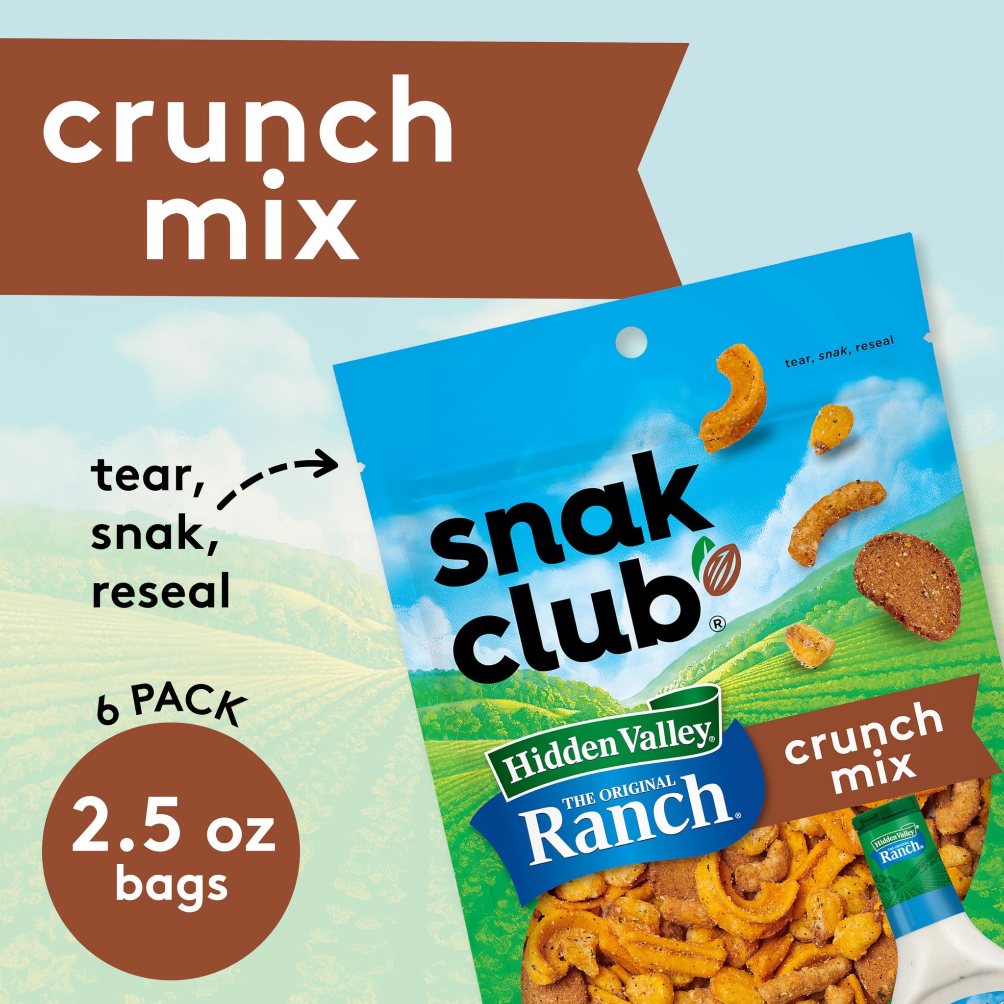 Snak Club Crunch Mix with Hidden Valley Ranch Seasoning, Toasted Corn, Chili Cheese Corn Jacks, Sesame Sticks, and Rye Chips, Kosher Snack, 2.5 oz