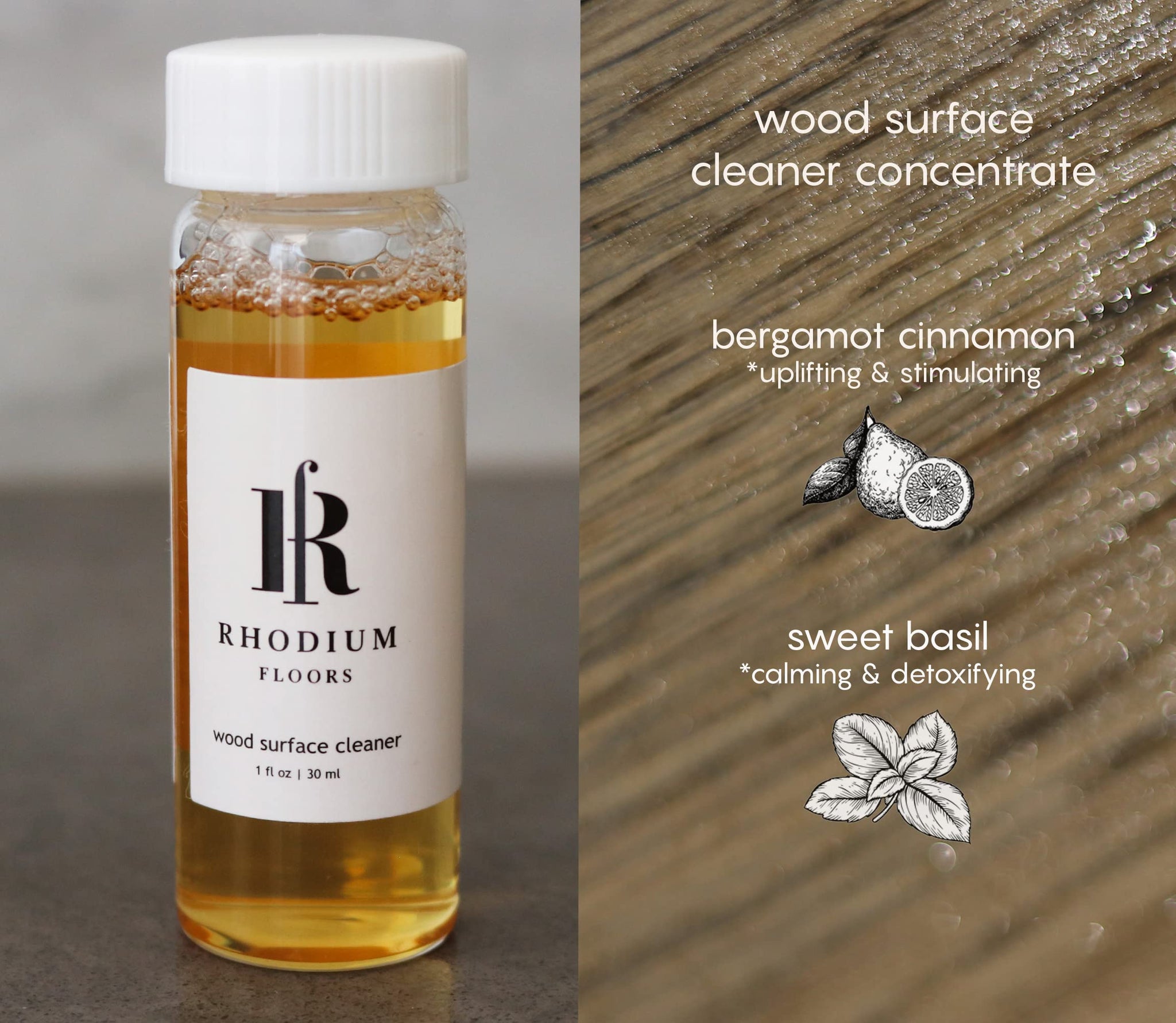Rhodium Floors natural surface cleaner reusable glass bottle and vial concentrate for wood and bath & tiles (Wood Floor)