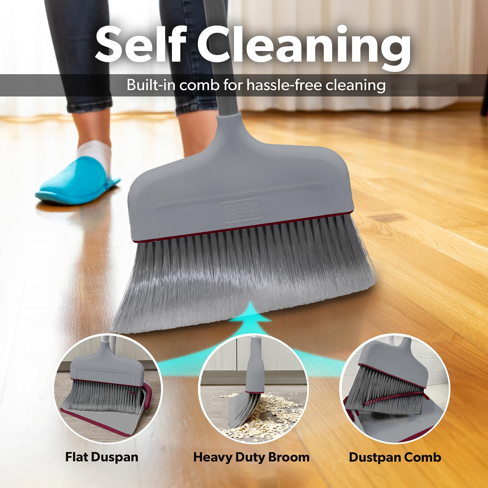 BLACK+DECKER Butler Broom & Dustpan Set - Stand-Up Design - Lightweight, Space-Saving Combo for Kitchen, Living Room, Bathroom, Lobby Floors - Home