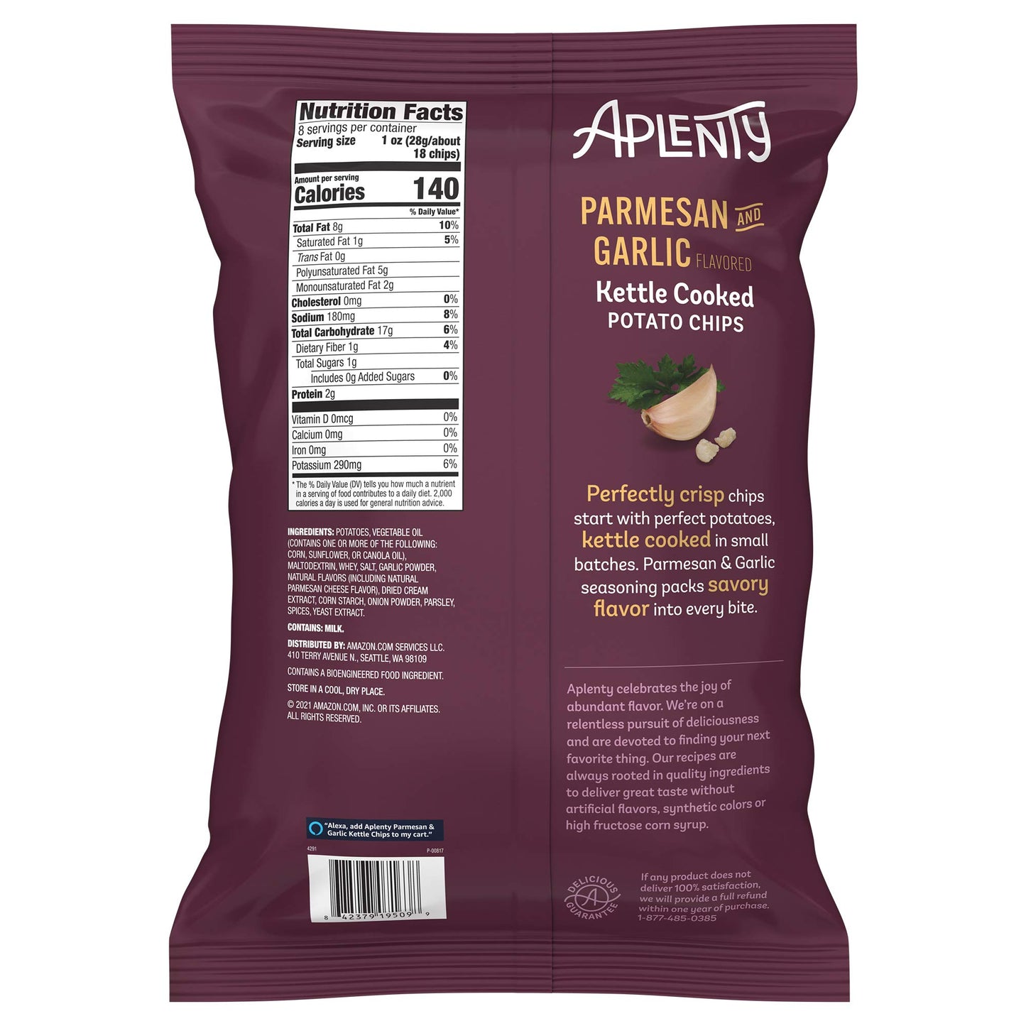 Amazon Brand, Aplenty Parmesan and Garlic Kettle Cooked Potato Chips, 8 Oz