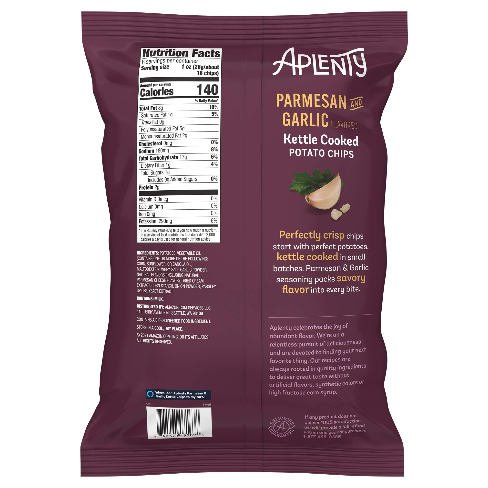 Amazon Brand, Aplenty Parmesan and Garlic Kettle Cooked Potato Chips, 8 Oz