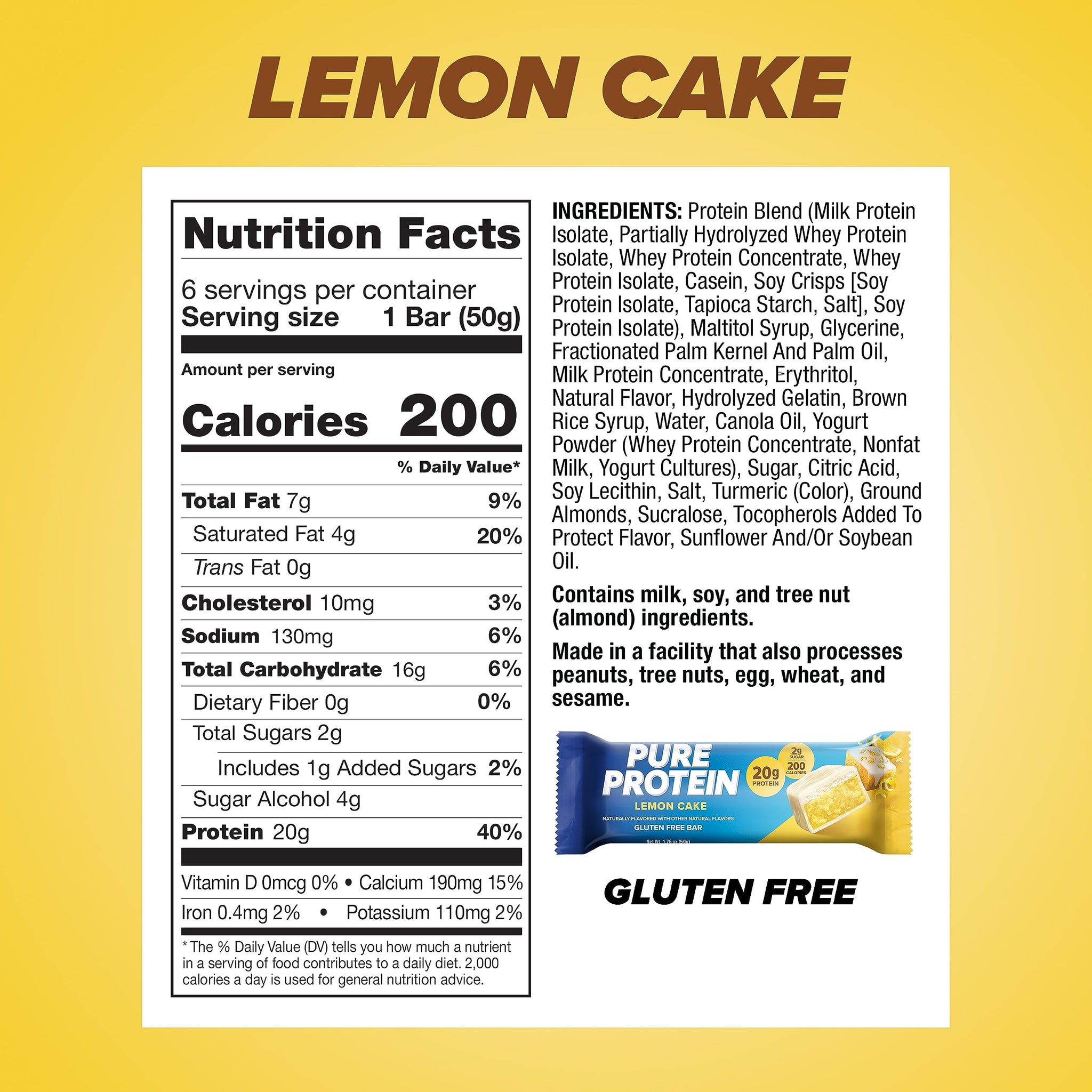 Pure Protein Bars Nutritious Snacks to Support Energy, Lemon Cake, 6 Count (Pack of 1)