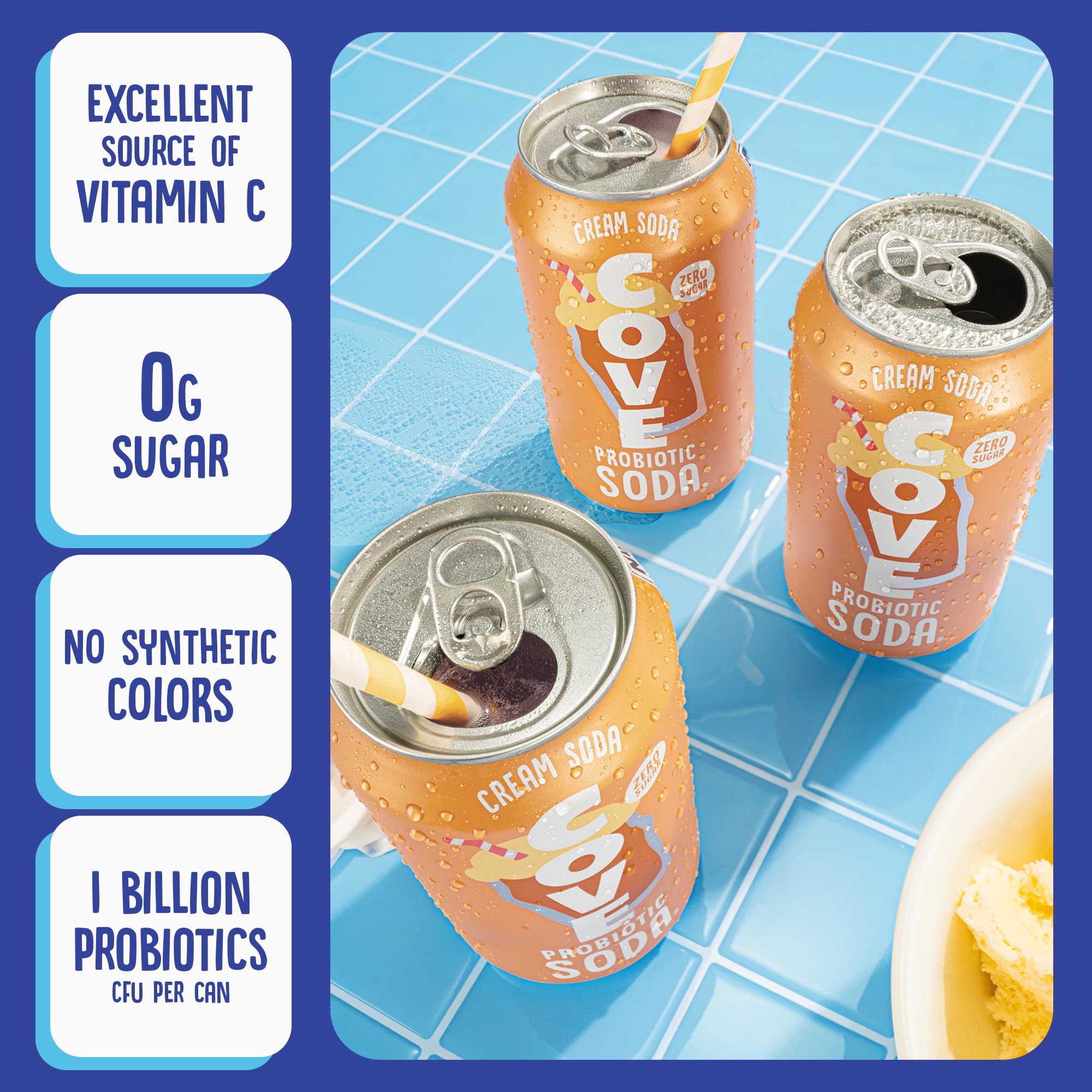 Cove Probiotic Soda, Zero Sugar Better-For-You Alternative - Refreshing, Delicious Probiotic Drink, No Synthetic Colors & Caffeine Free - Cream Soda