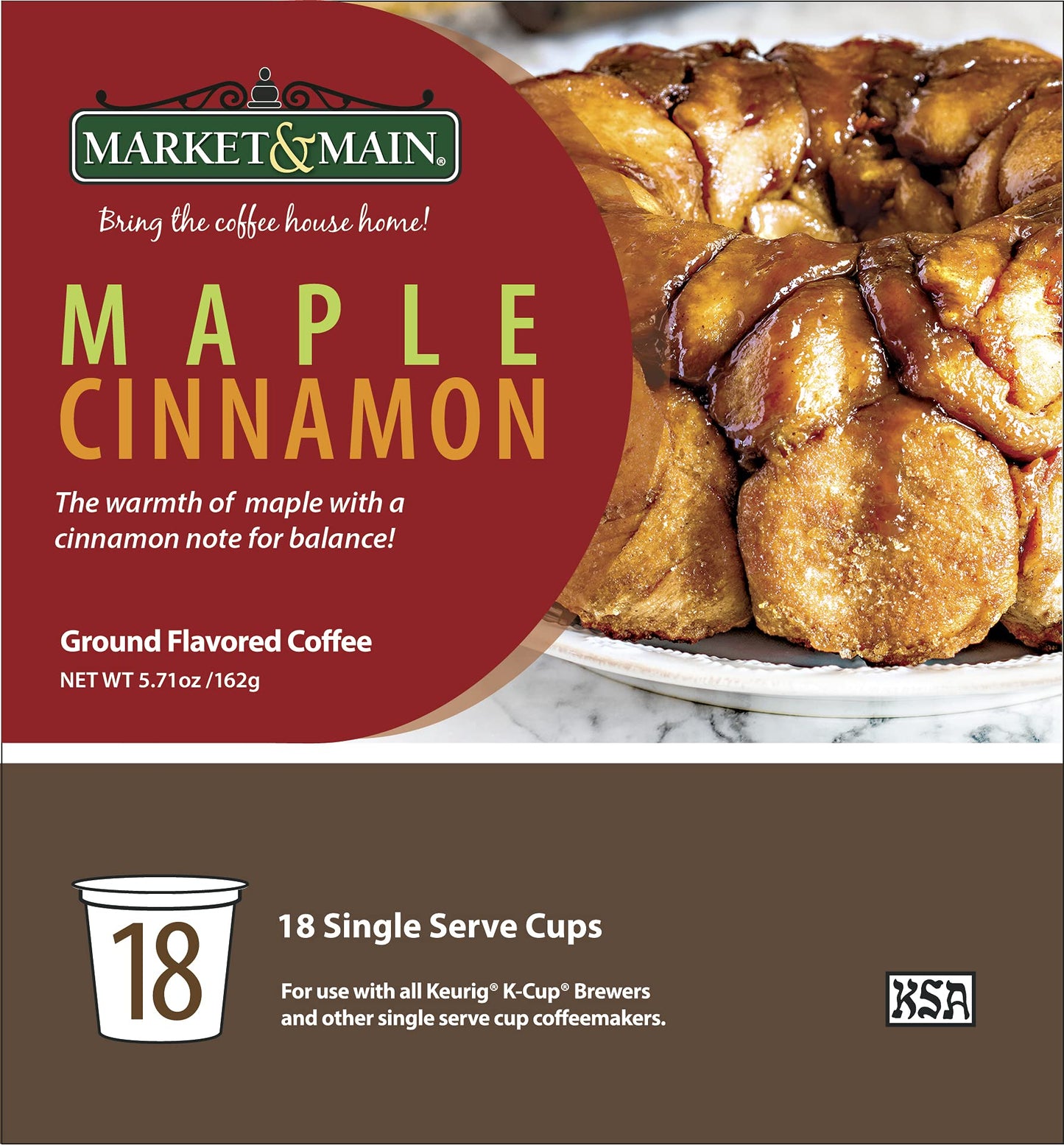 Market & Main OneCup, Maple Cinnamon, Flavored Coffee, Compatible with Keurig K-cup Brewers, 18 Count