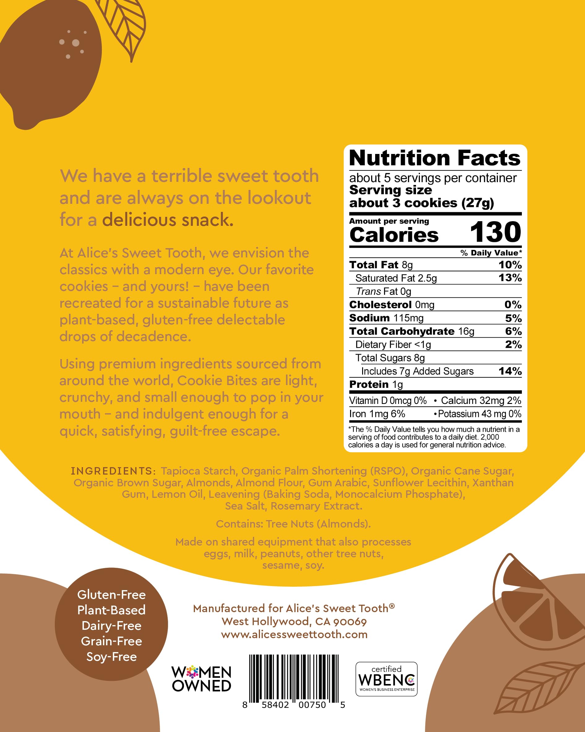 Alice's Sweet Tooth Lemon Almond Cookie Bites - Gluten-Free, Vegan, Crunchy Mini-Cookies - Plant-Based, Dairy-Free, Grain-Free, Soy-Free - 5.0 ounces