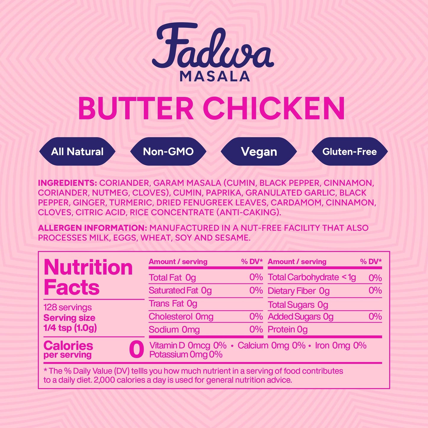 Fadwa Masala Butter Chicken Spice Mix - 4.5 oz Jar, Salt & Sugar Free, Non-Spicy Authentic Desi Spices for Pakistani & Indian Cooking, Curry, Garam