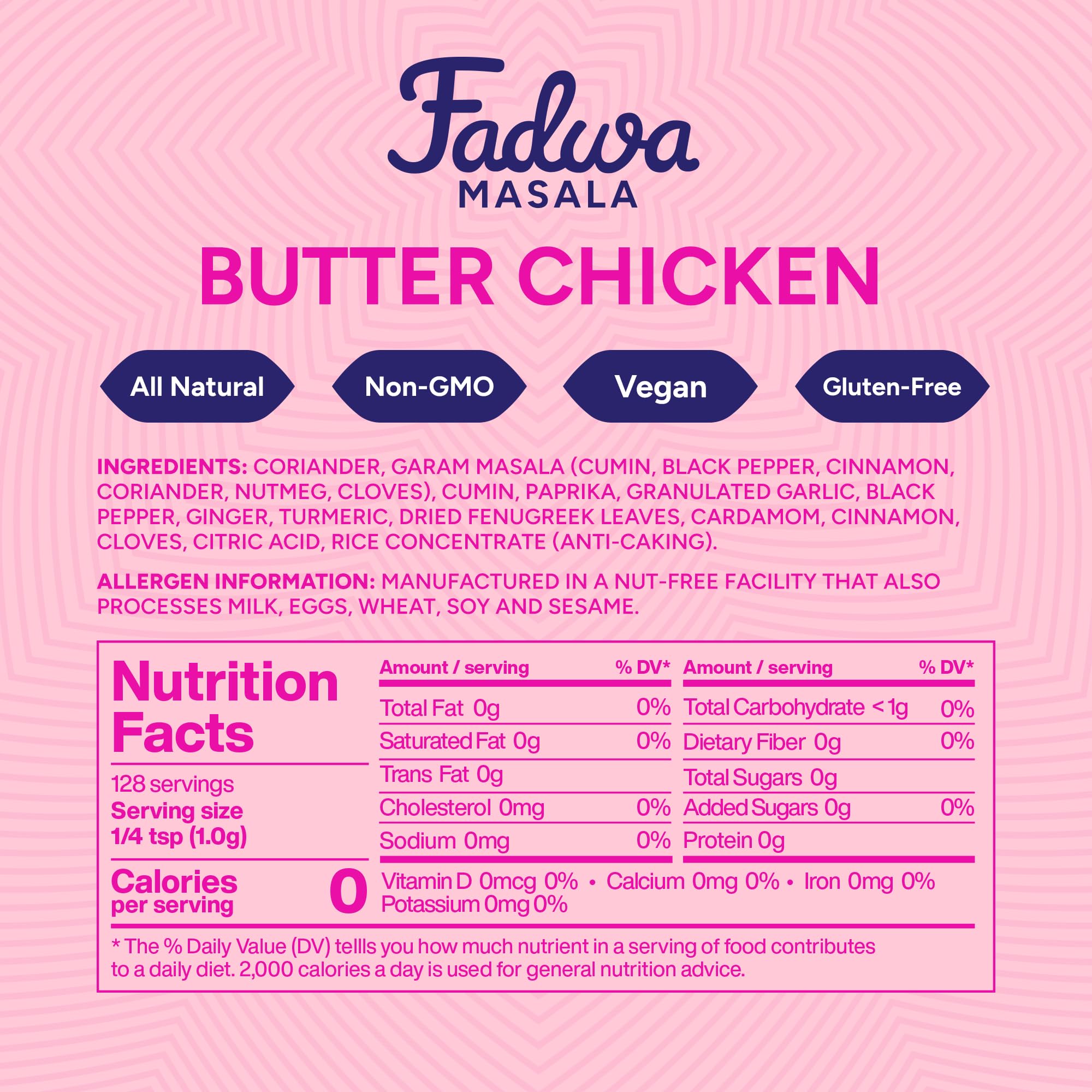 Fadwa Masala Butter Chicken Spice Mix - 4.5 oz Jar, Salt & Sugar Free, Non-Spicy Authentic Desi Spices for Pakistani & Indian Cooking, Curry, Garam