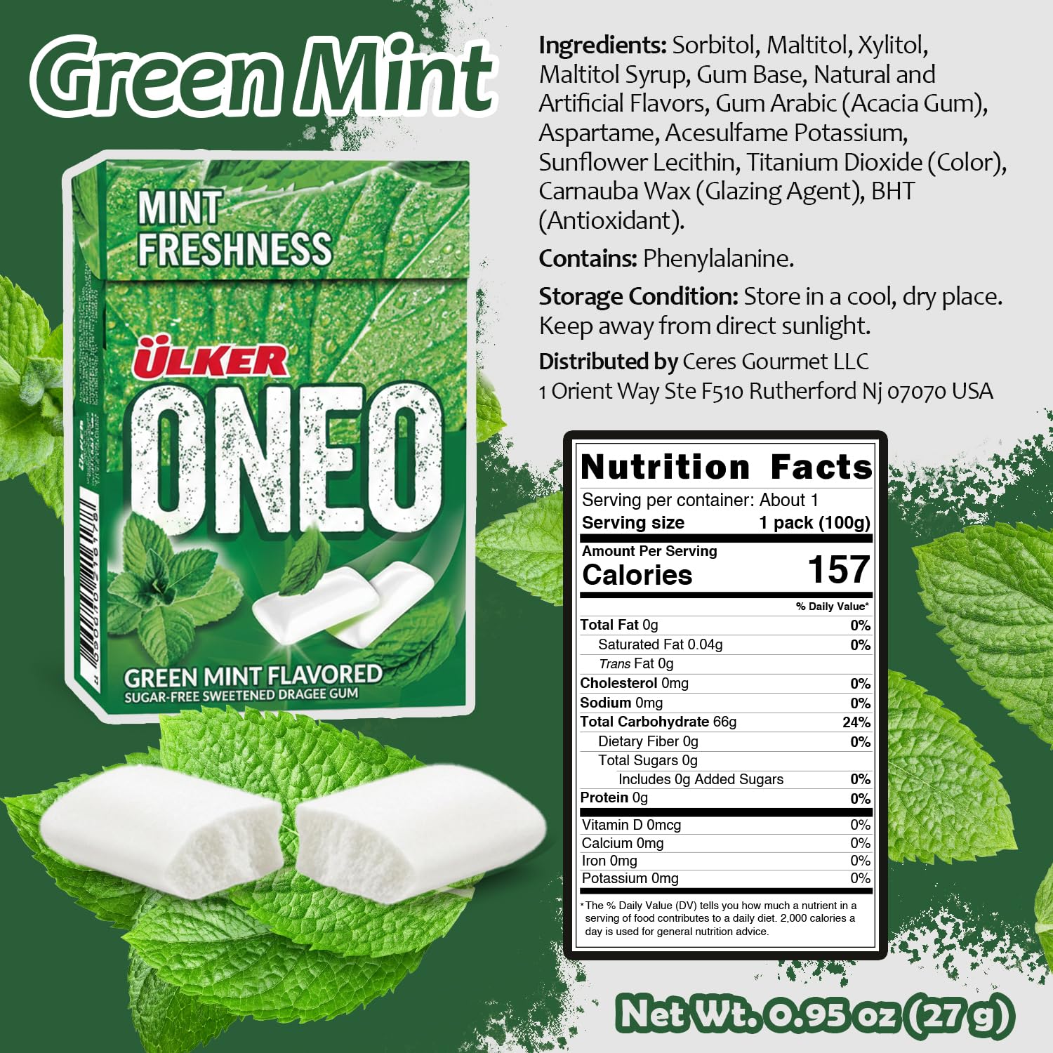 Ceres Gourmet Sugar Free Spearmint Chewing Gum with Xylitol, Liquid Center Filled Mint Gum, Refreshing Mint Flavor Gum Packs, 1 oz x 20 Boxes