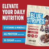 Blue Stripes Whole Cacao Granola - Gluten Free 70% Dark Chocolate Granola for Cereal, Oatmeal, Yogurt, 5g Protein Per Serving, Source of Fiber, Vegan