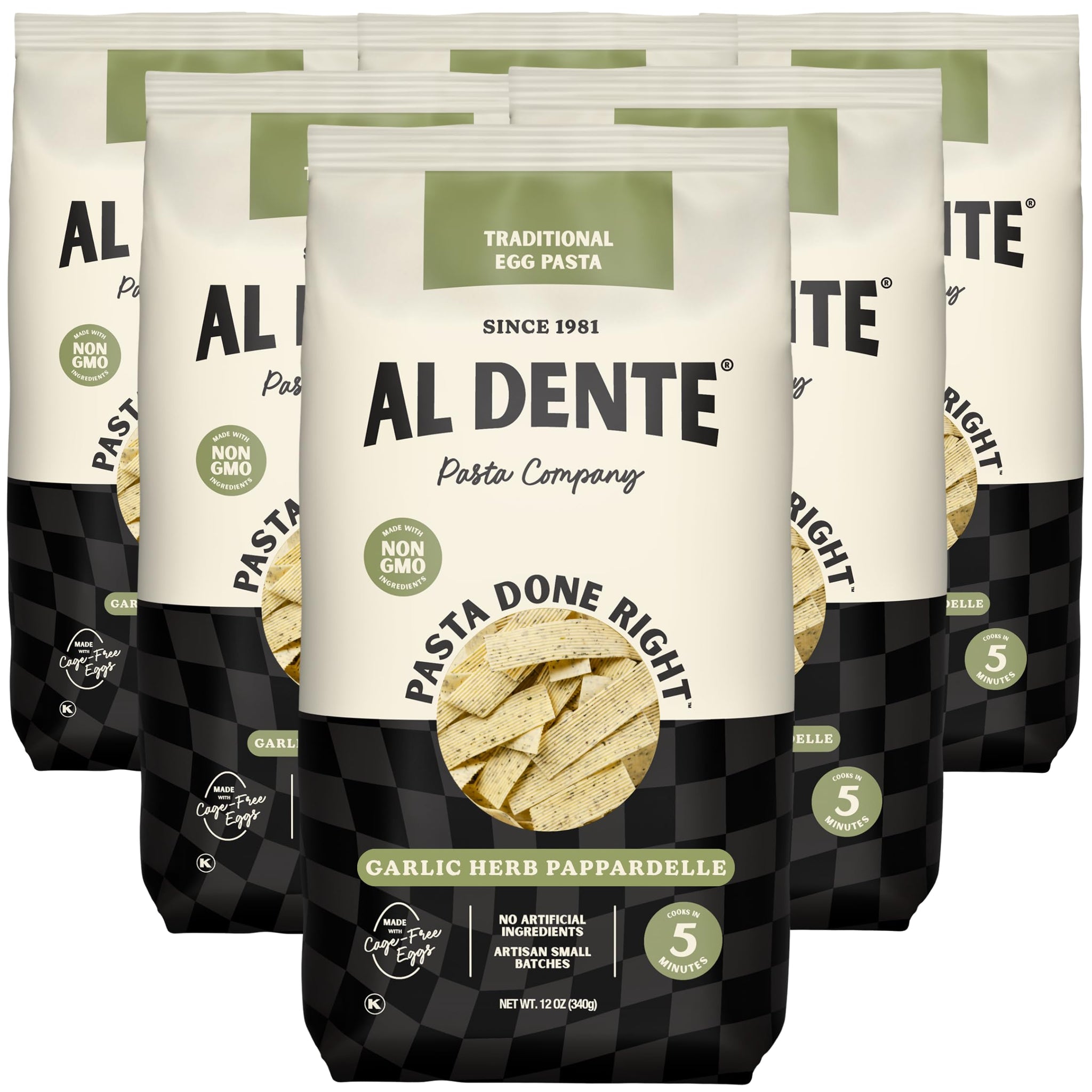 Al Dente Garlic Herb Pappardelle - All-Natural, Hand-Crafted Egg Pasta. Traditional Pasta Noodles Made with Cage-Free Eggs and Semolina. (Packaging