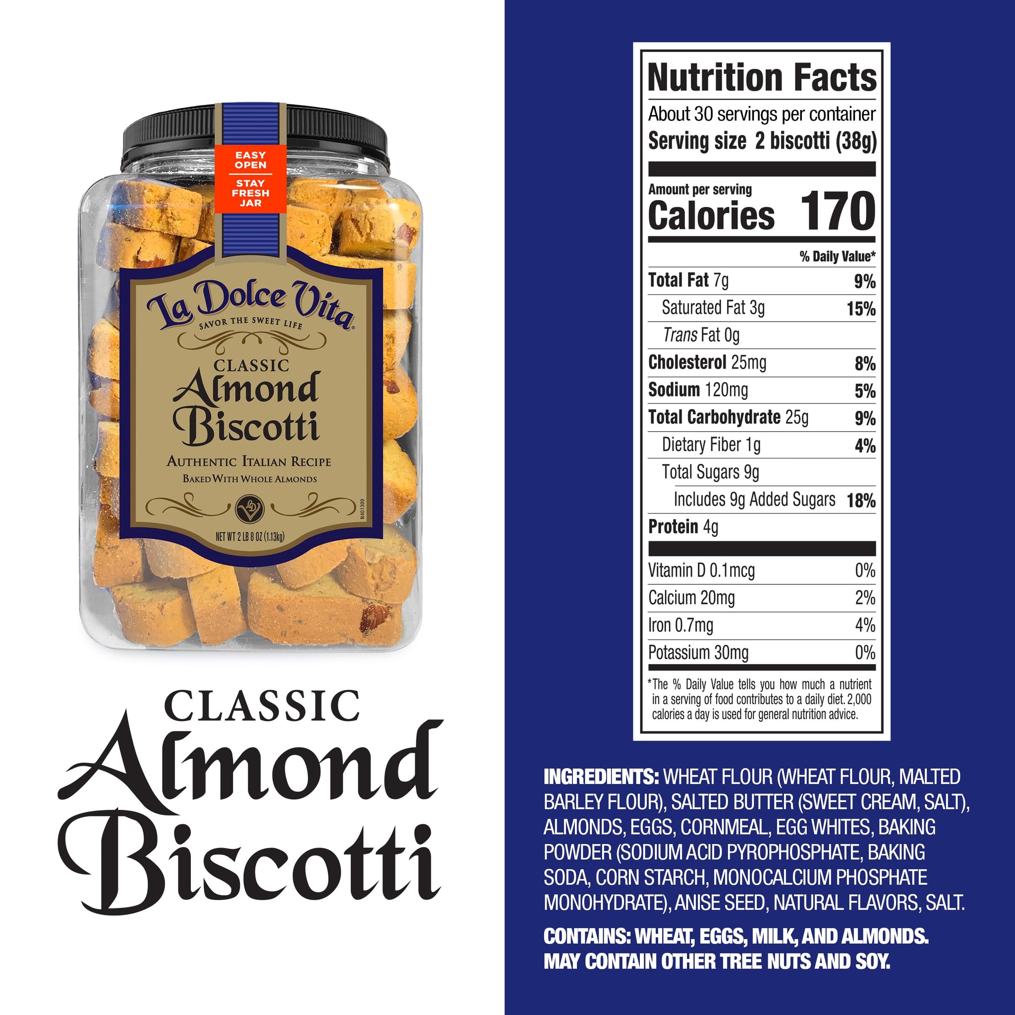 La Dolce Vita Classic Almond Italian Biscotti Cookie Snacks with Whole Almonds, 40 oz. Jar, 30 Servings (Pack of 1)