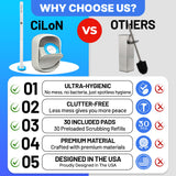 CiLoN Disposable Toilet Cleaning System + 30 Disposal Toilet Bowl Brush Refill Heads. Space-Saving Wall Mounted Toilet Brush and Holder Set for Modern