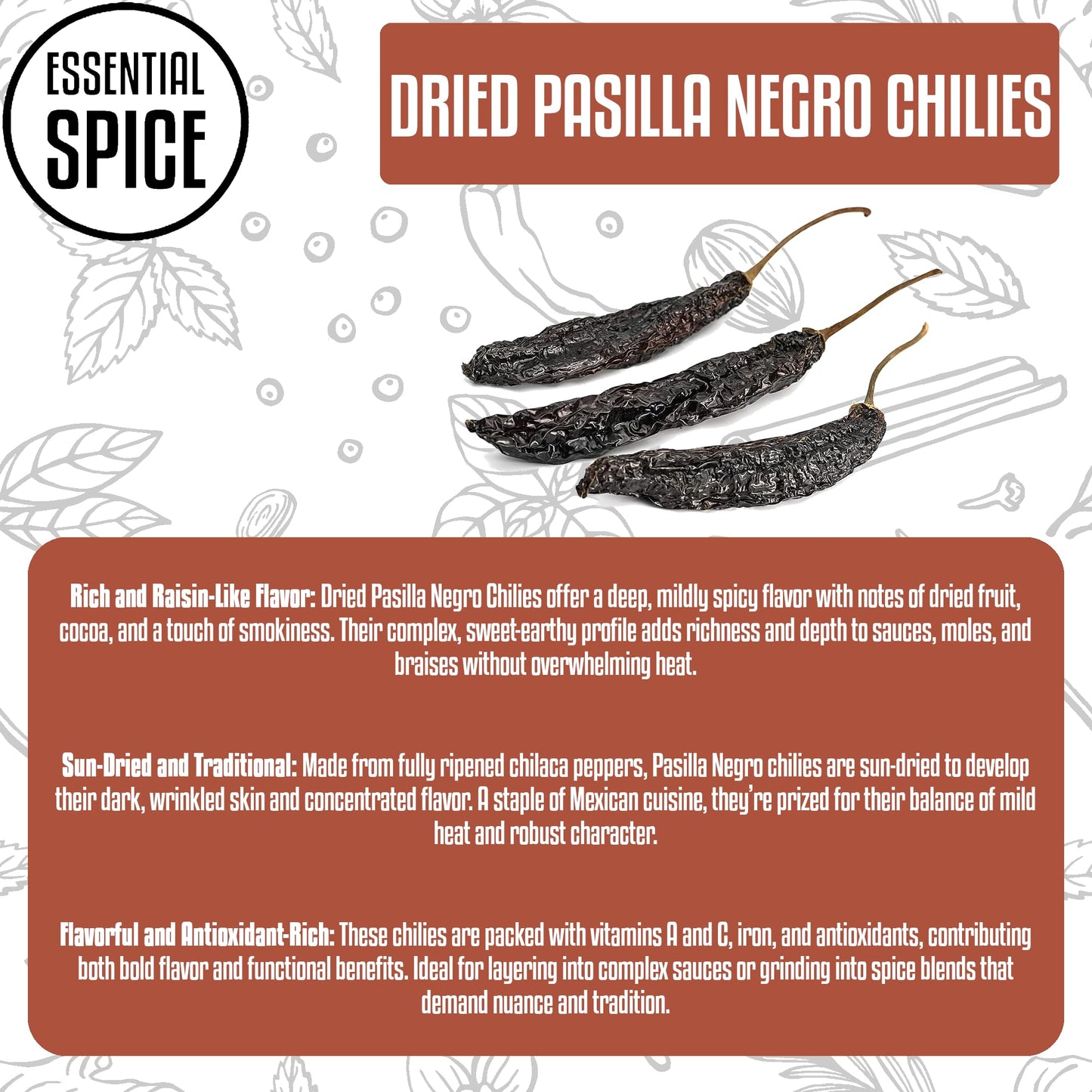 Essential Spice Dried Pasilla Negro Chilies, 2 oz - Rich, Smoky Flavor with Hints of Cocoa & Dried Fruit - Whole Dried Chilaca Peppers for Mole