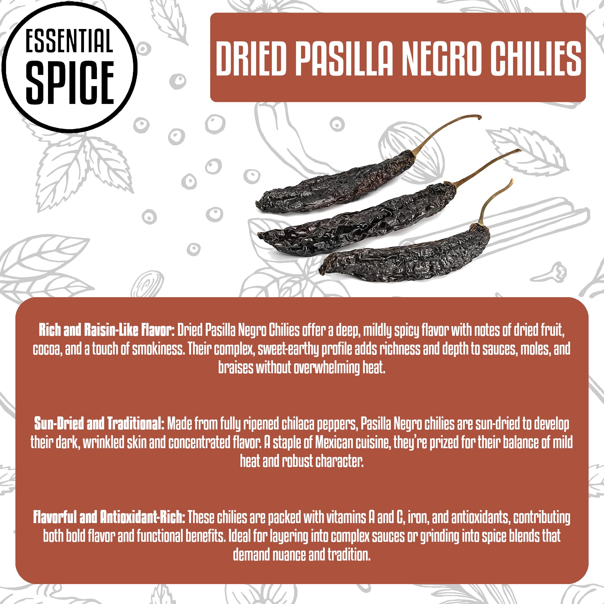 Essential Spice Dried Pasilla Negro Chilies, 2 oz - Rich, Smoky Flavor with Hints of Cocoa & Dried Fruit - Whole Dried Chilaca Peppers for Mole