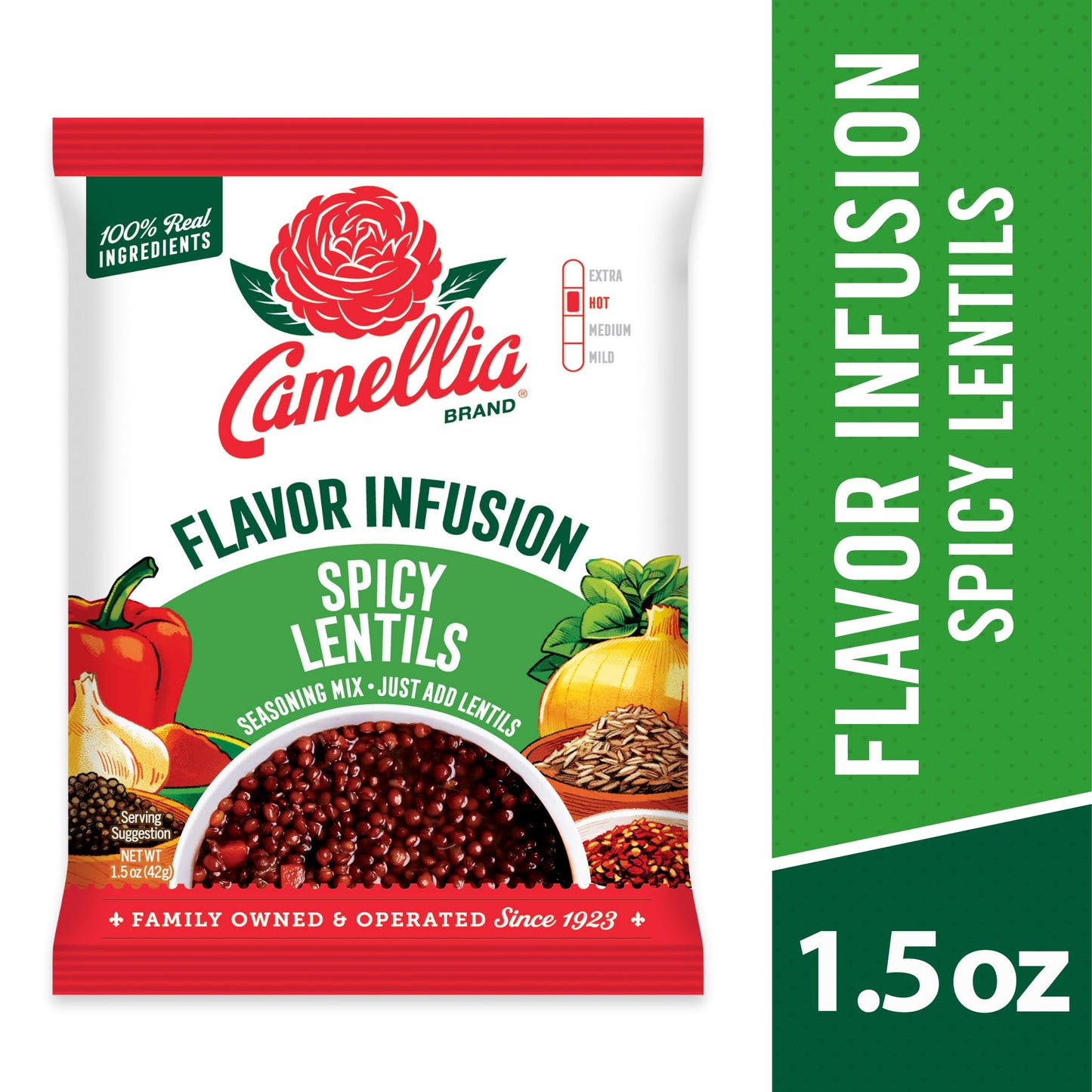 Camellia Beans Spicy Lentils Flavor Infusion Seasoning Mix - Savory Cumin, Garlic & Chili Blend with Vegetables - All-Natural, Non-GMO, No MSG