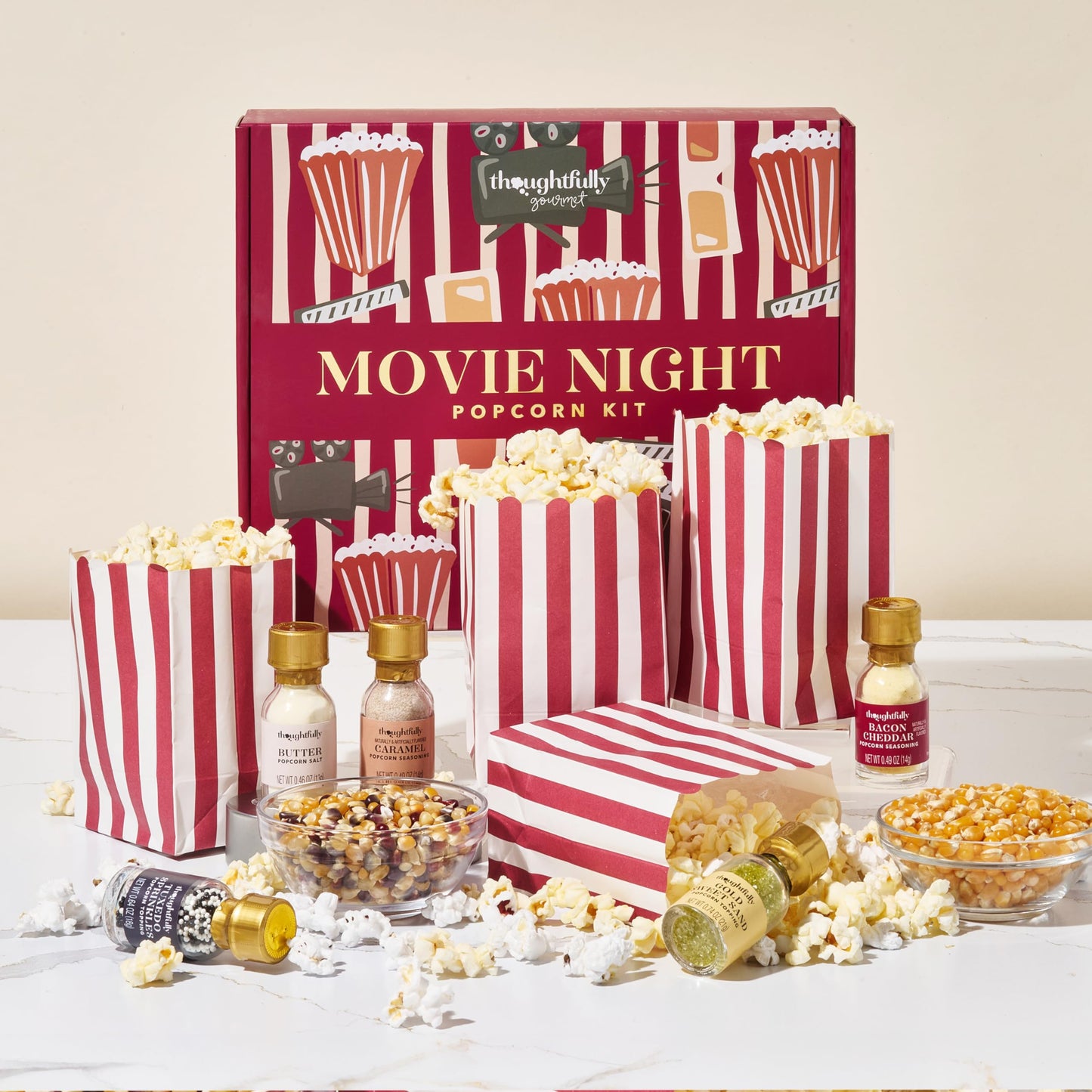 Thoughtfully Gourmet, Movie Night Popcorn Set, Includes Yellow and Mixed Popcorn Kernels, 10 Paper Bags, 5 Seasonings & Toppings