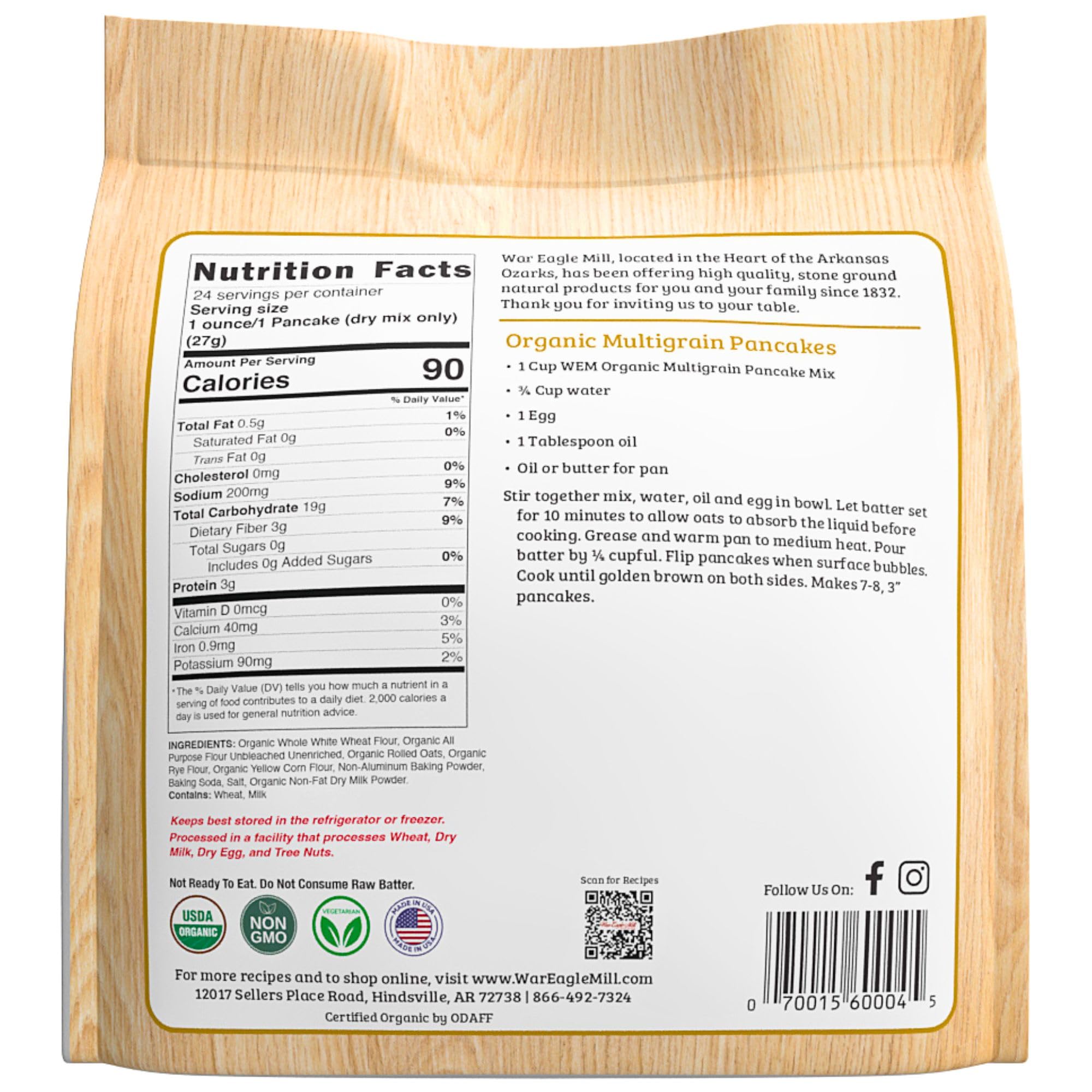 War Eagle Mill Multigrain Pancake Mix, Organic, 24 oz Bag (2 Pack)