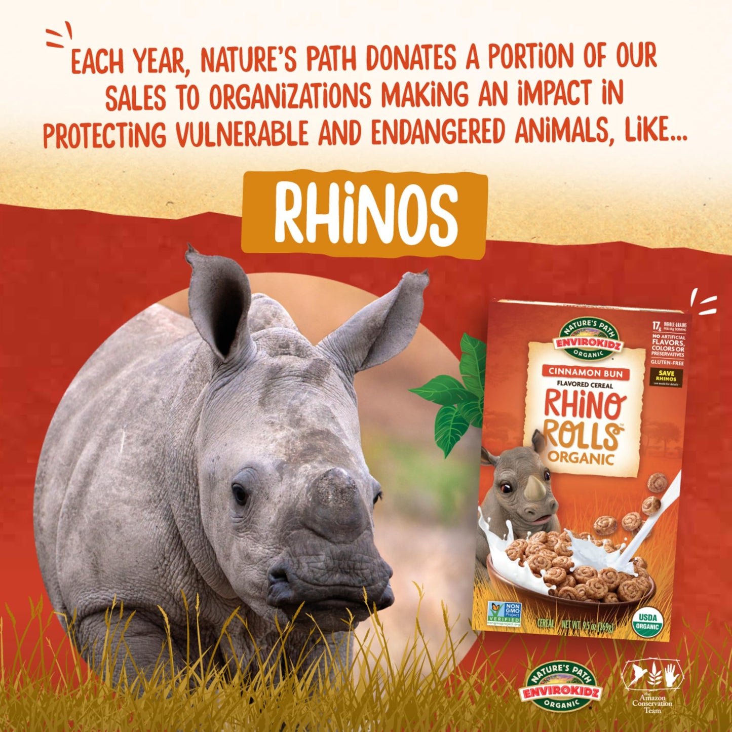 EnviroKidz Organic Rhino Rolls Cereal, 9.5 oz (Pack of 1), Cinnamon Bun, Whole Grain, Gluten Free, Non-GMO, by Nature's Path