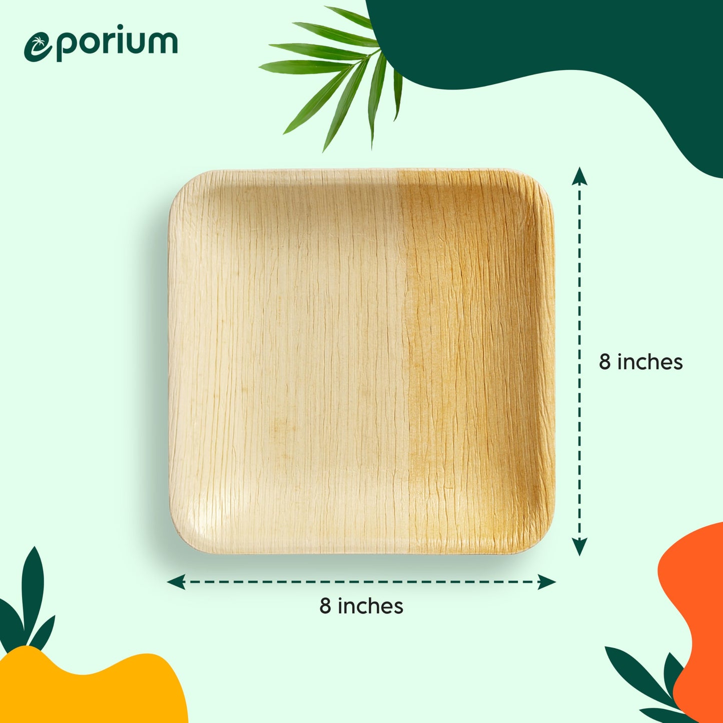 EPORIUM 8 Inch Square Palm Leaf Plates (50-Pack) I Compostable Disposable Dinnerware | Premium Quality I Eco-Friendly Plates Sustainable Heavy Duty