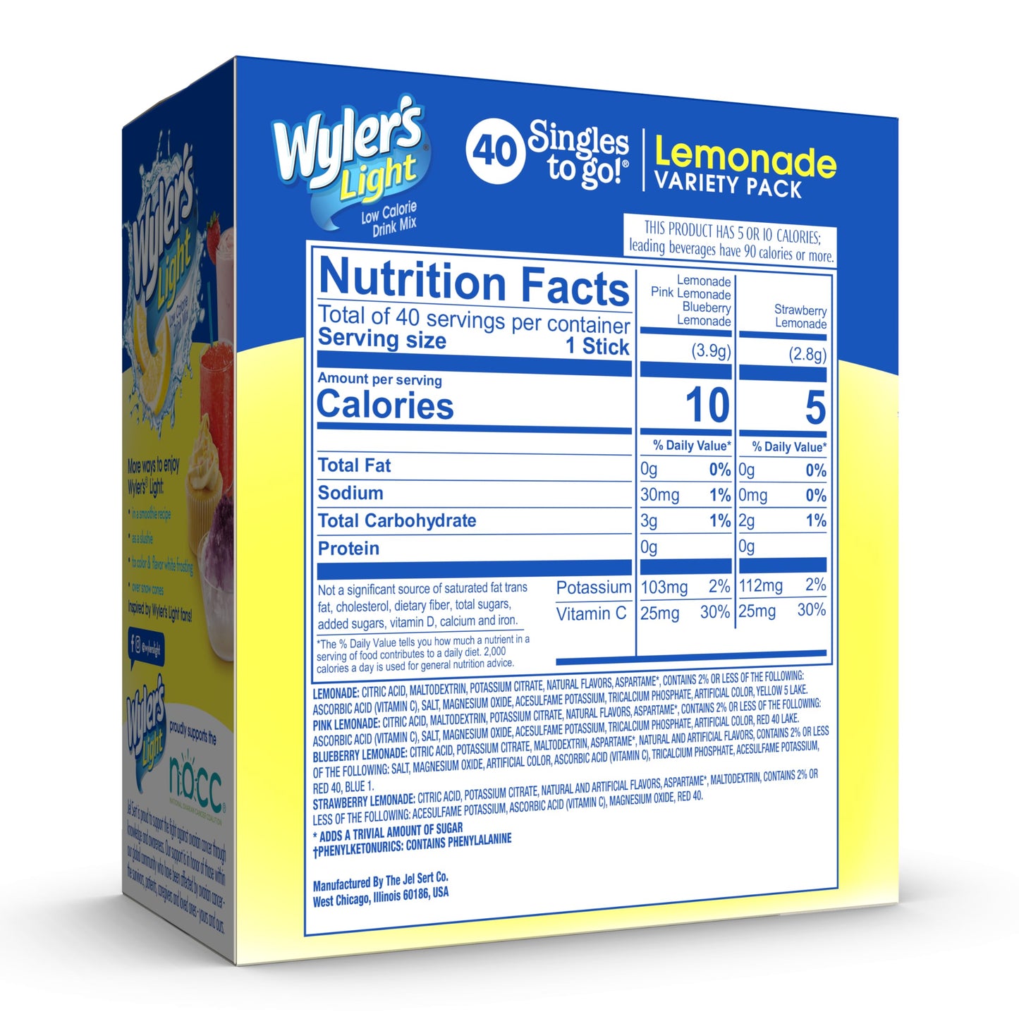 Wyler's Light Lemonade Variety Pack, 40 ct Singles to Go Powder Packets, Water Drink Mix, Variety Pack, Pink, Strawberry & Blueberry Lemonade, Sugar