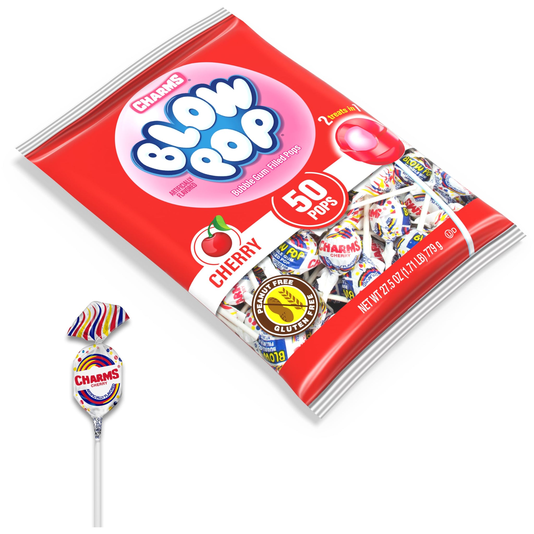 Charms Blow Pop Single Flavor Bag - Cherry Flavored Lollipops with a Bubble Gum Center - Individually Wrapped Hard Candy - Red Candy - Peanut Free