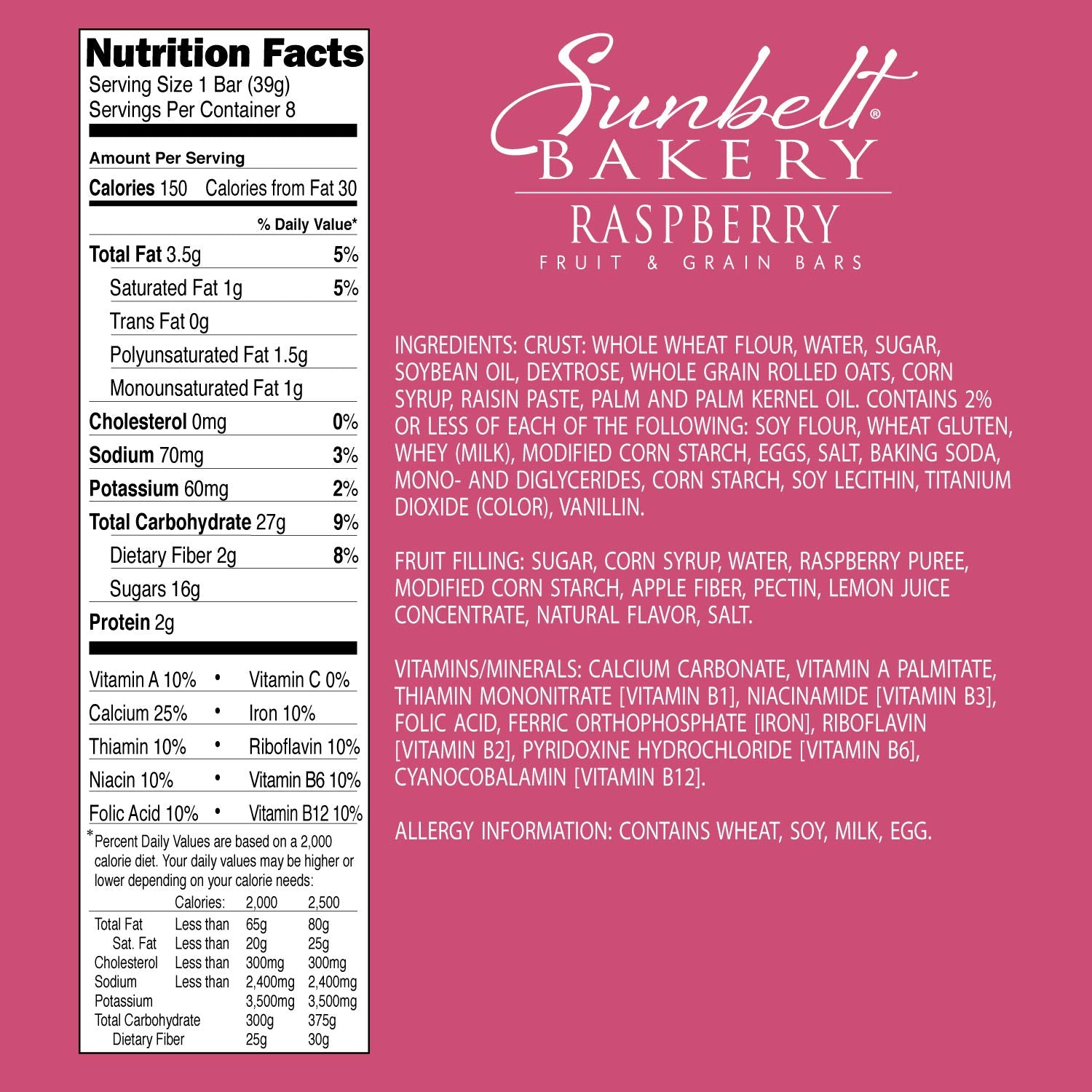 Sunbelt Bakery's Raspberry Fruit & Grain Bars, 5 Boxes, No Preservatives (40 Bars)