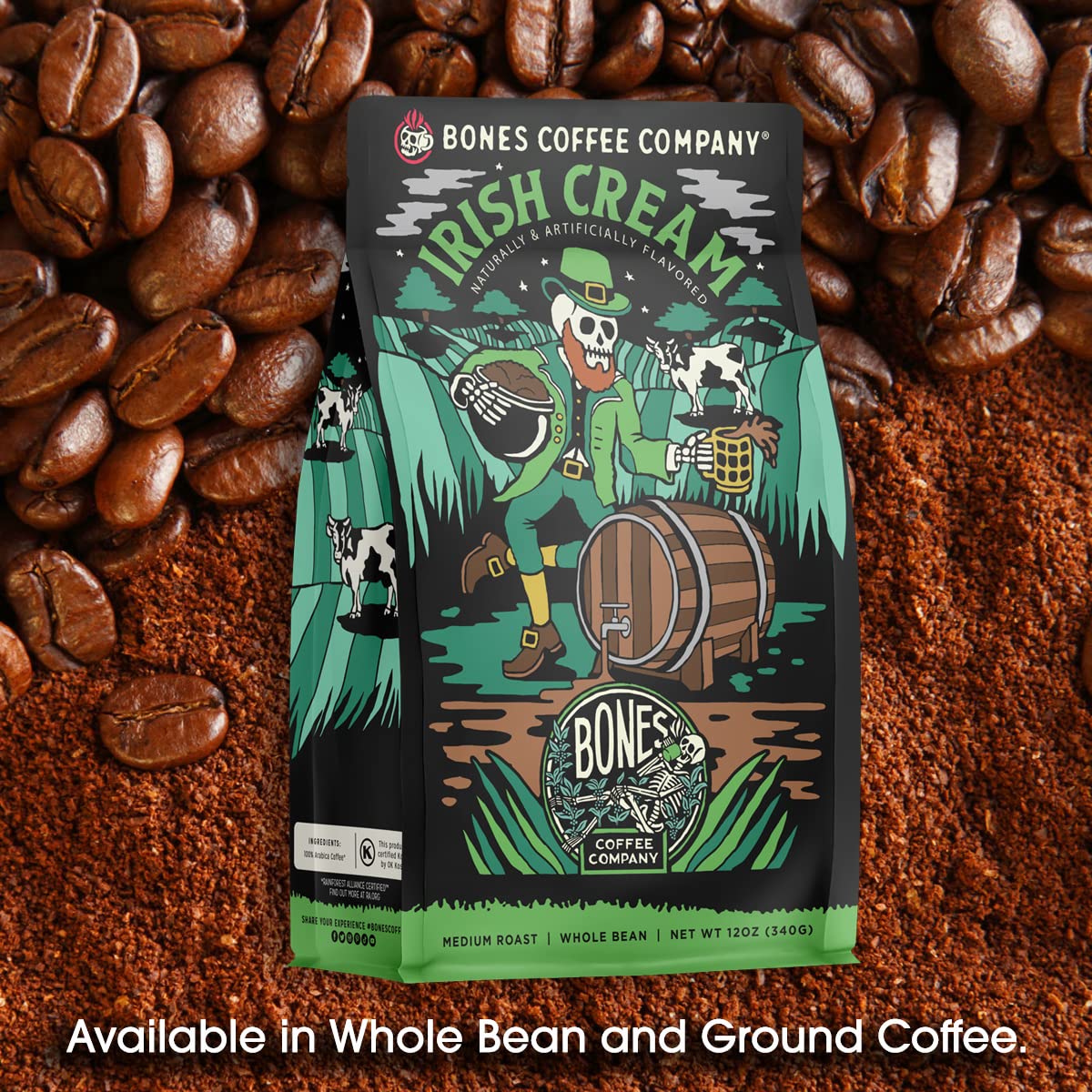 Bones Coffee Company Irish Cream, Creamy Liqueur Flavored Coffee, Medium Roast Low Acid Arabica Beans Compatible with Auto drip and French Press
