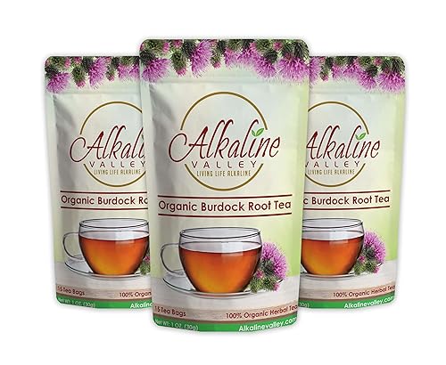 Burdock Root Tea Organic - 100% Alkaline - 45 Unbleached/Chemical-Free Burdock Root Tea Bags - Pack of 3 - Caffeine-Free, No GMO