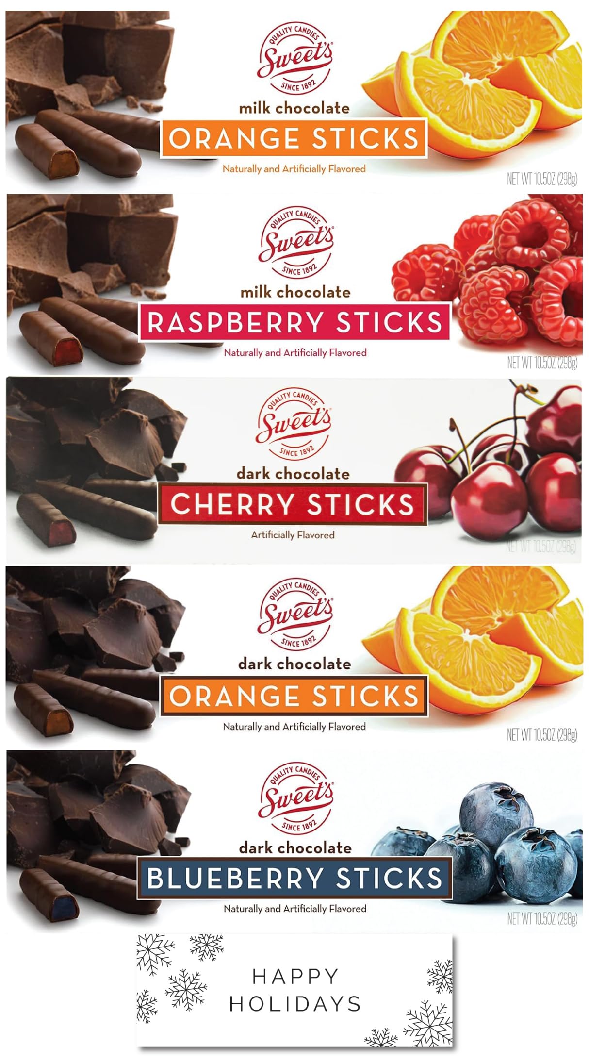 Sweet's Candy Chocolate Variety Pack- Milk Chocolate Orange, Milk Chocolate Raspberry, Dark Chocolate Cherry, Dark Chocolate Orange, Dark Chocolate
