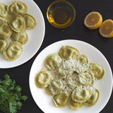 Authentic Cacio e Pepe Bundle with Roasted Corn Ravioli, Handmade Bucatini, DOP Pecorino Romano & Parmigiano Reggiano, DOP Extra Virgin Olive Oil