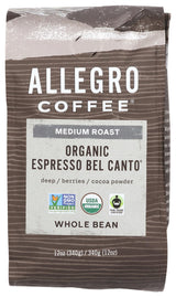 Allegro Coffee Organic Espresso Bel Canto Whole Bean Coffee, 12 oz(Pack of 1)