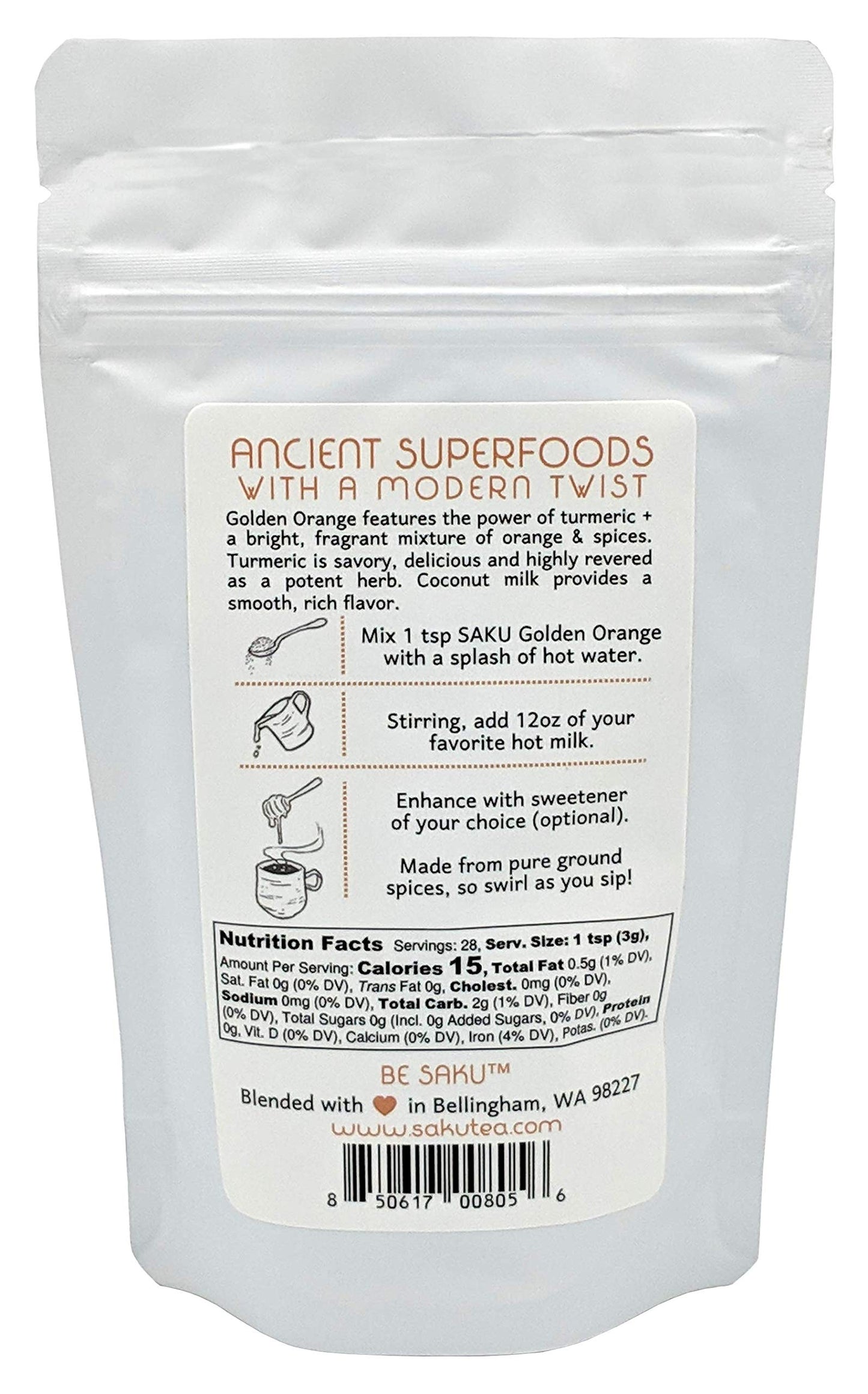 SAKU Tea, Golden Orange Turmeric Latte Blend, Super Food Latte, 3oz Bag
