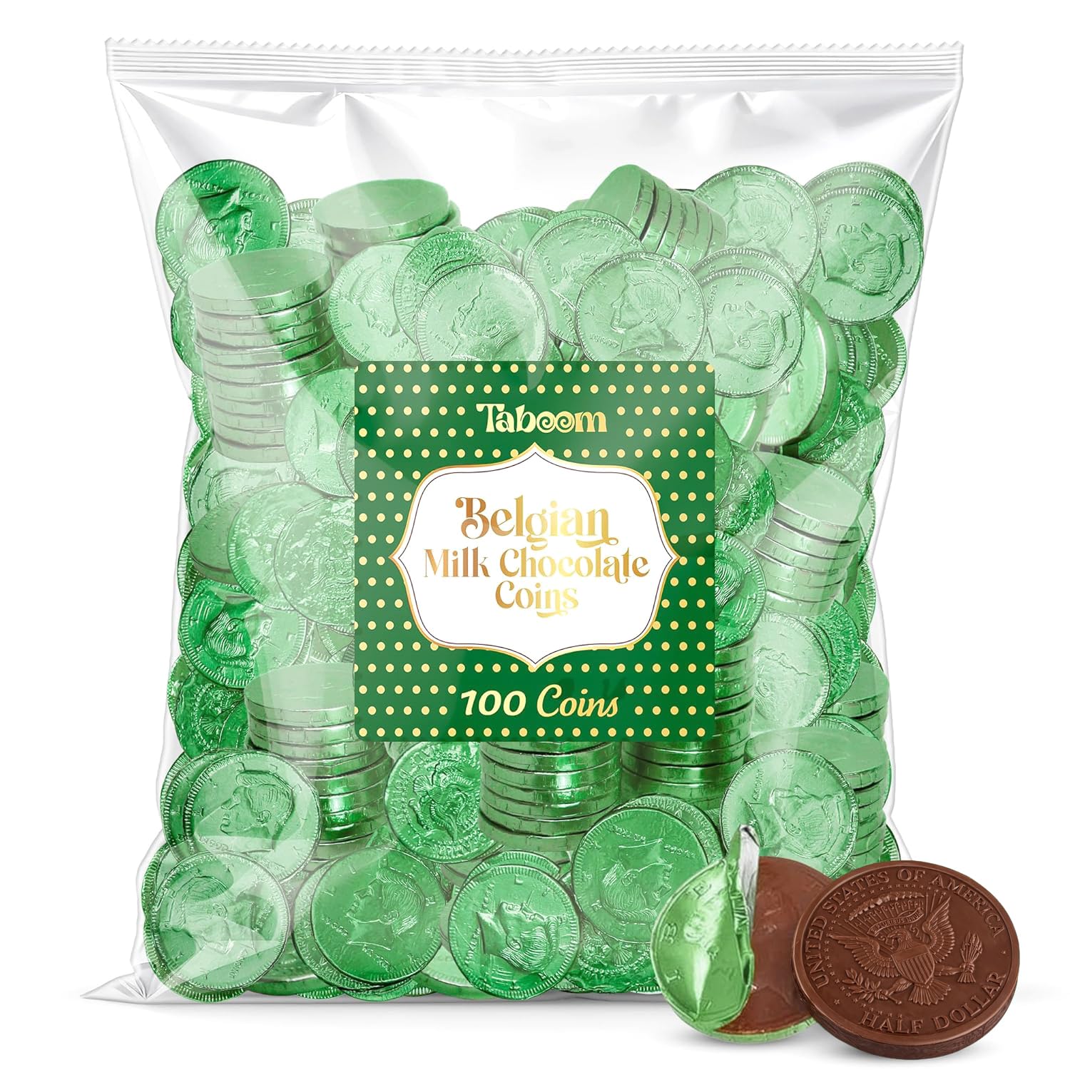 Belgian Chocolate Coins Candy Bulk 100 Pack - St Patrick's Day Green Foil Wrapped Milk Chocolate Coins Candy For Party Favors, Gift Bags & Treats
